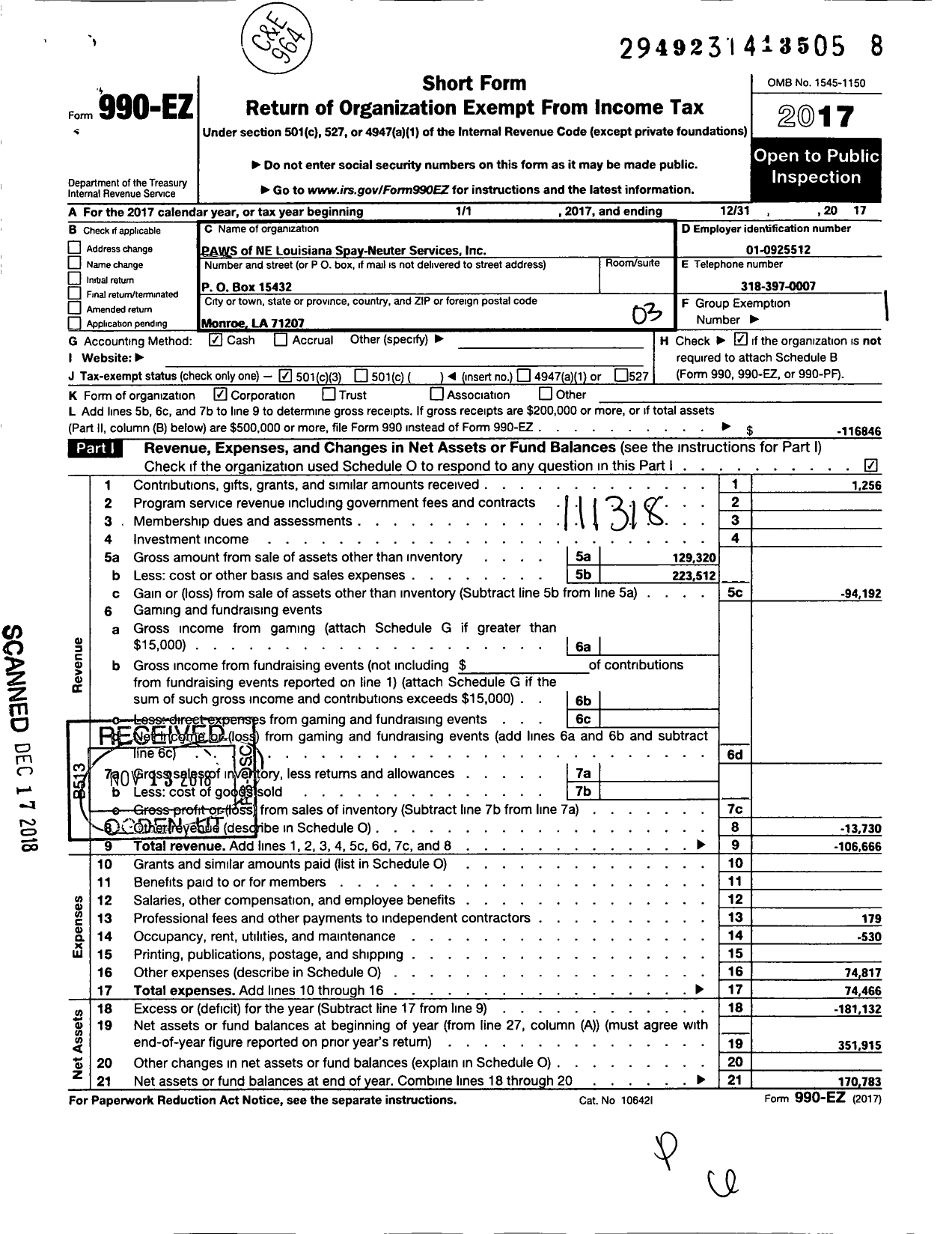 Image of first page of 2017 Form 990 for Paws of Ne Louisiana Spay-Neuter Services