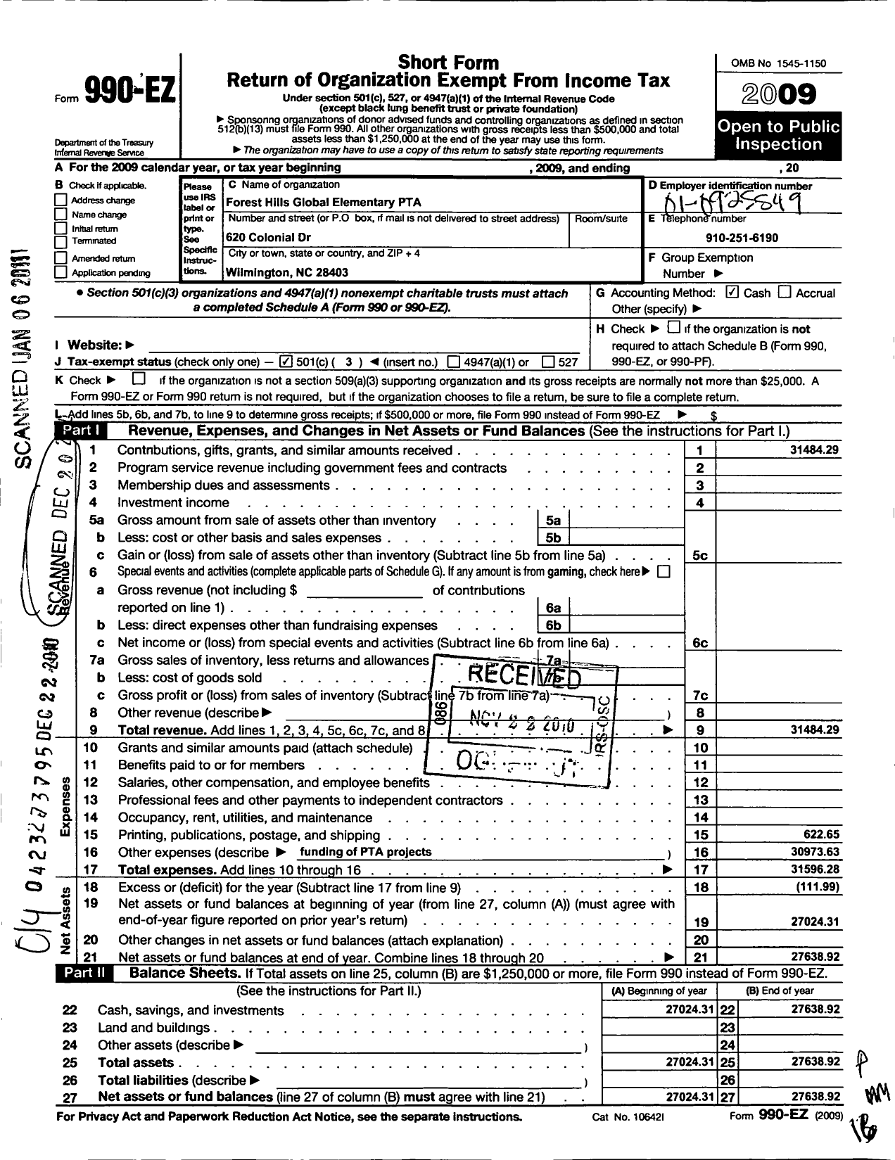 Image of first page of 2009 Form 990EZ for North Carolina PTA - Forest Hills Global Elementary Scho