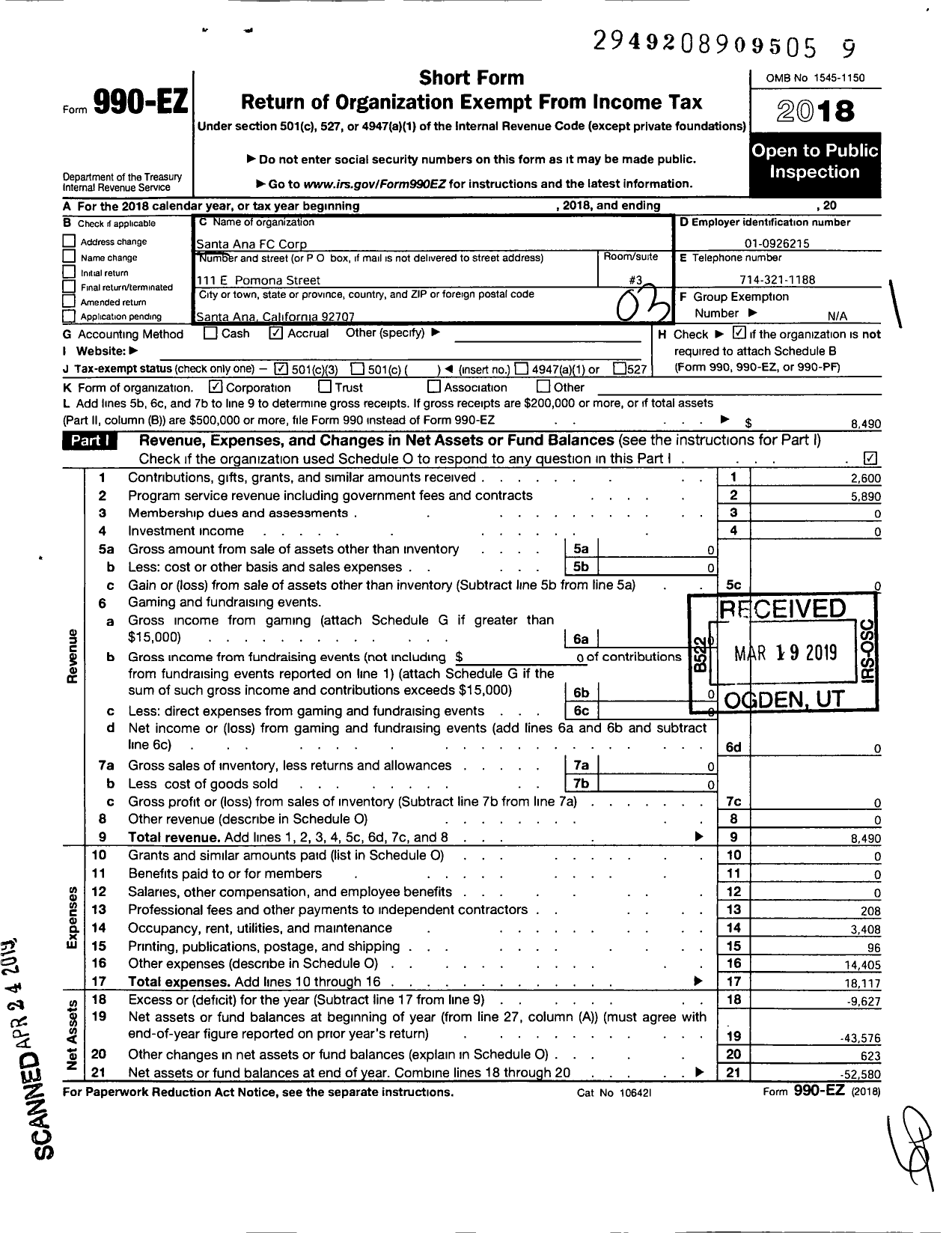 Image of first page of 2018 Form 990EZ for Santa Ana FC Corporation