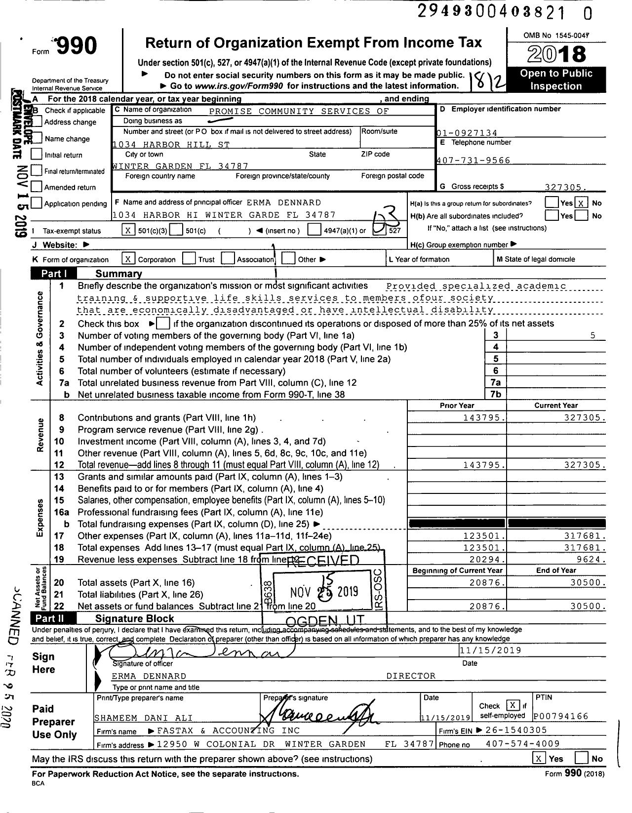 Image of first page of 2018 Form 990 for Promise Community Services of Florida