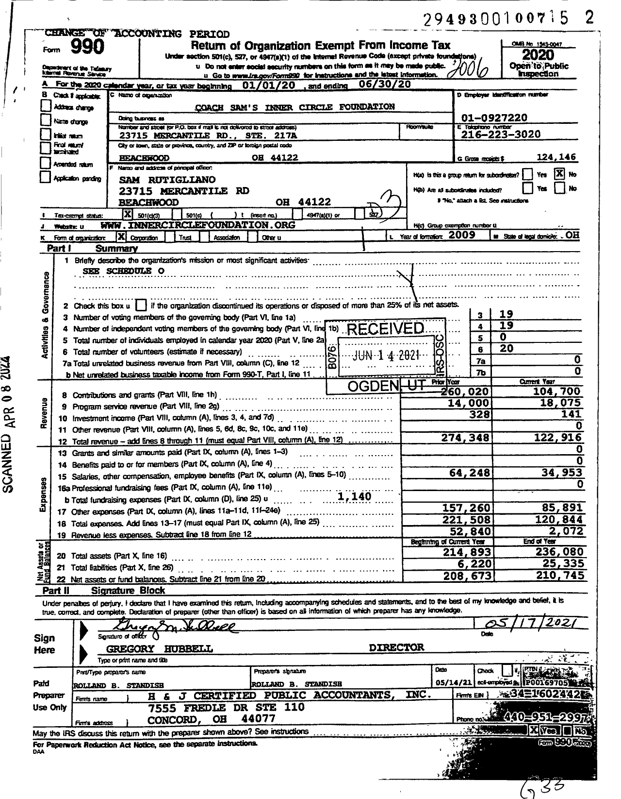 Image of first page of 2019 Form 990 for Coach Sam's Scholars