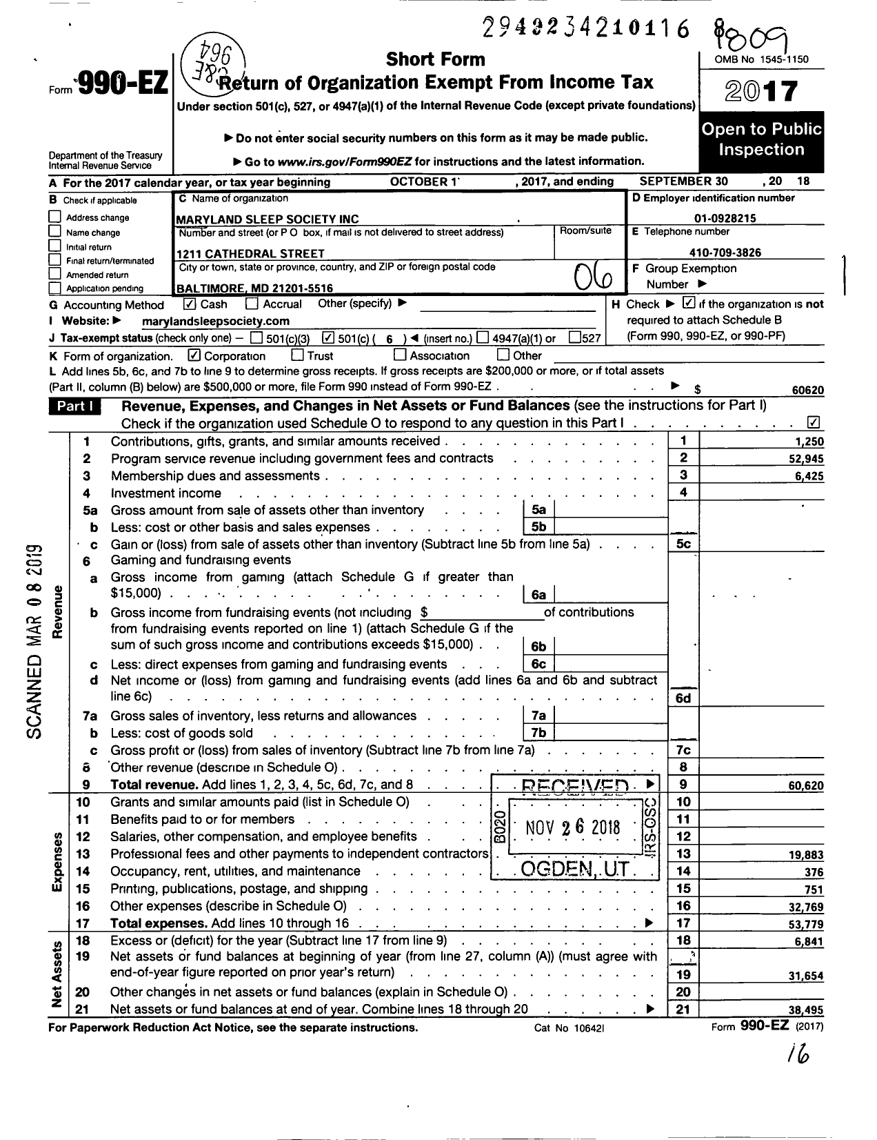 Image of first page of 2017 Form 990EO for Maryland Sleep Society