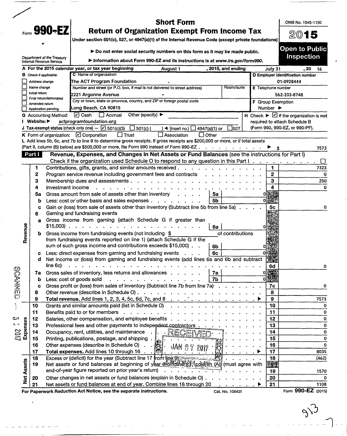 Image of first page of 2015 Form 990EZ for The Act Program Foundation