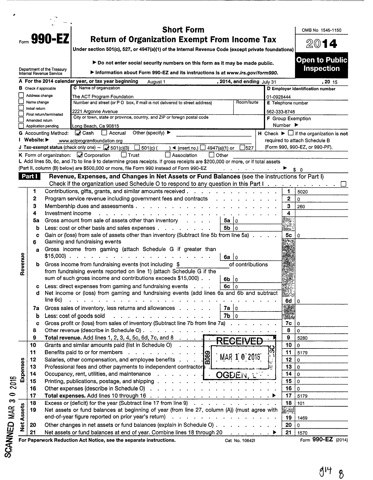 Image of first page of 2014 Form 990EZ for The Act Program Foundation