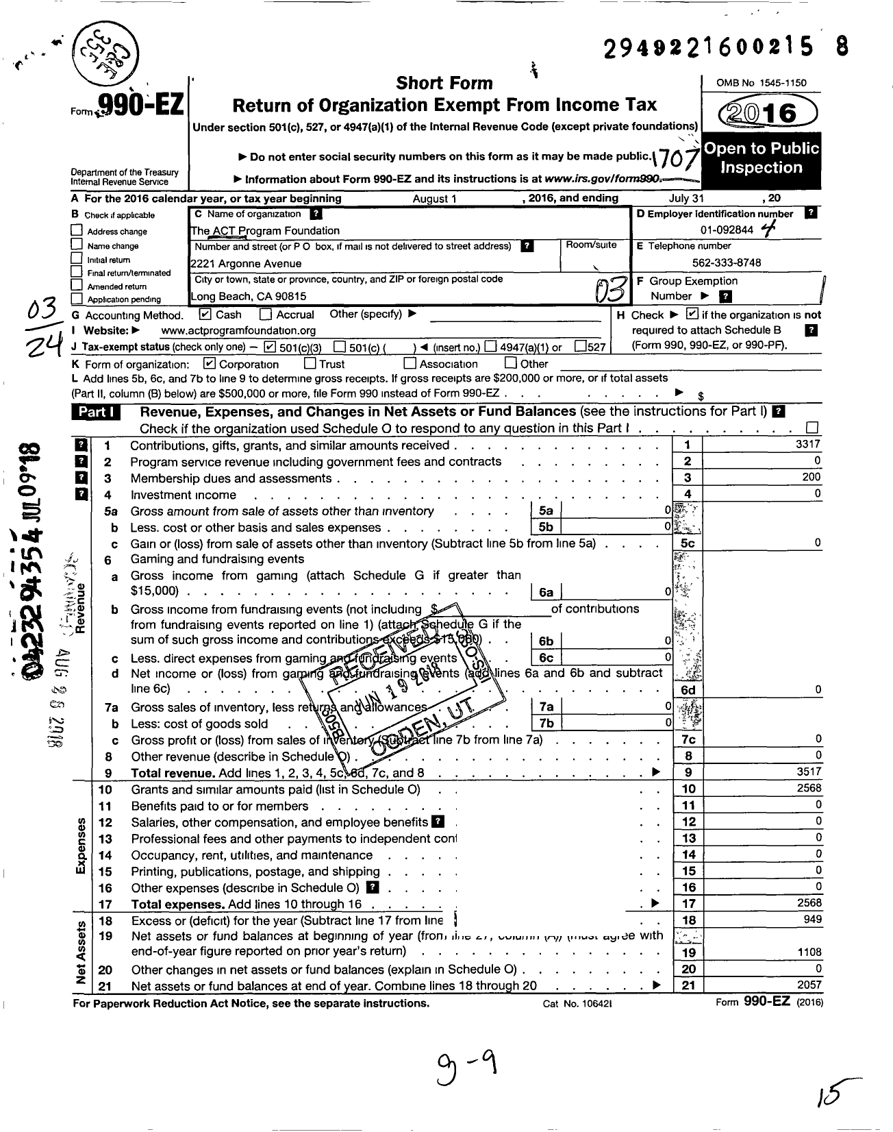 Image of first page of 2016 Form 990EZ for The Act Program Foundation