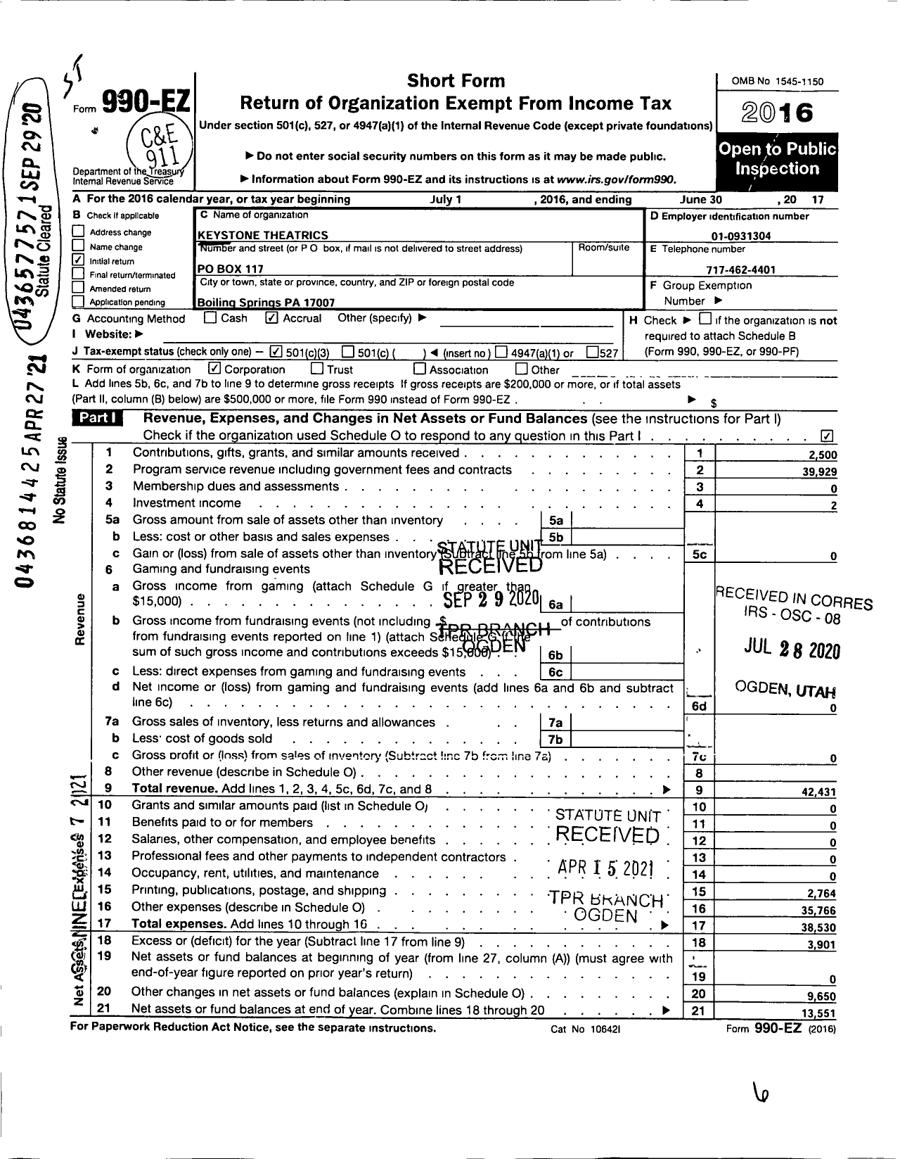 Image of first page of 2016 Form 990EA for Keystone Theatrics