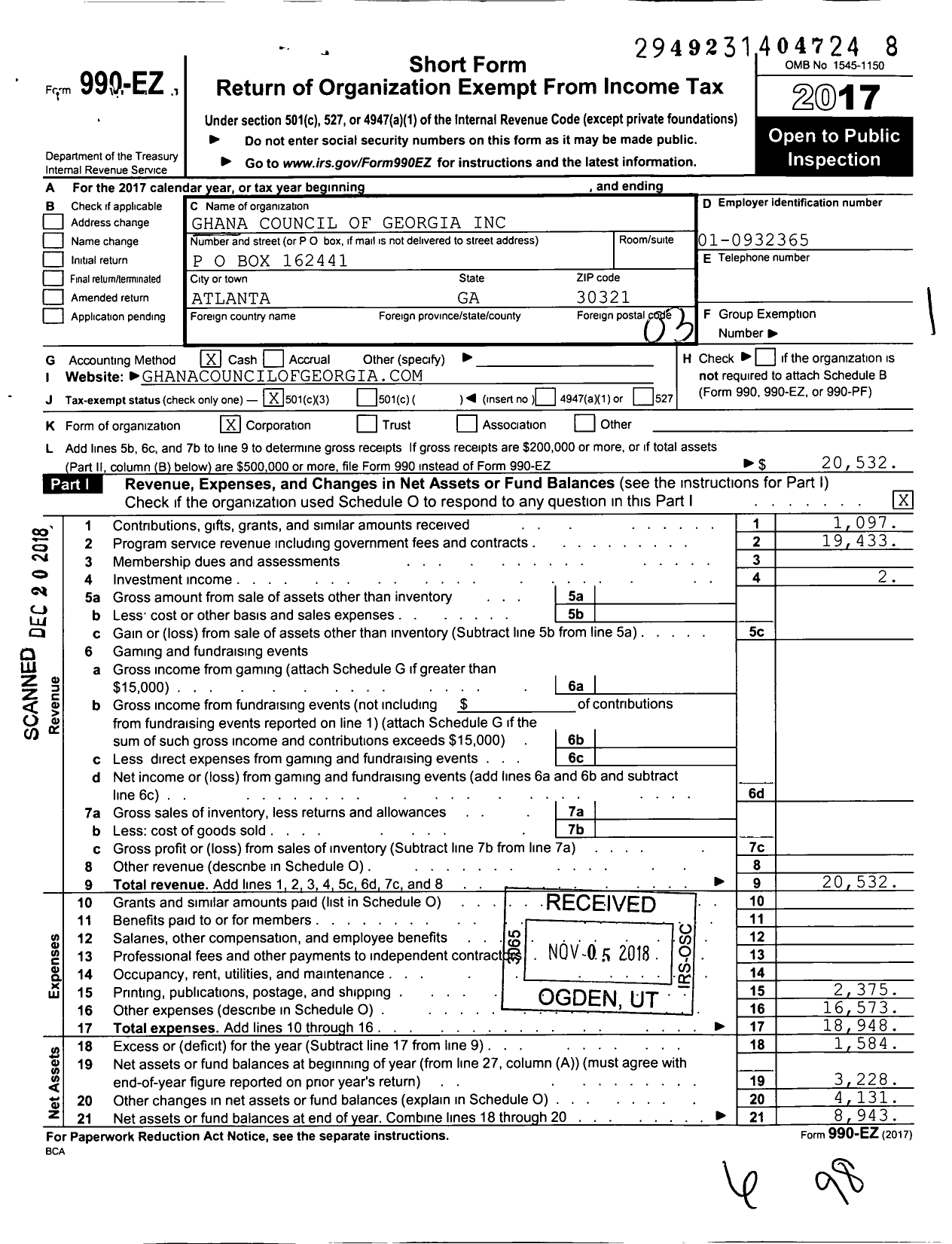 Image of first page of 2017 Form 990EZ for Ghana Council of Georgia