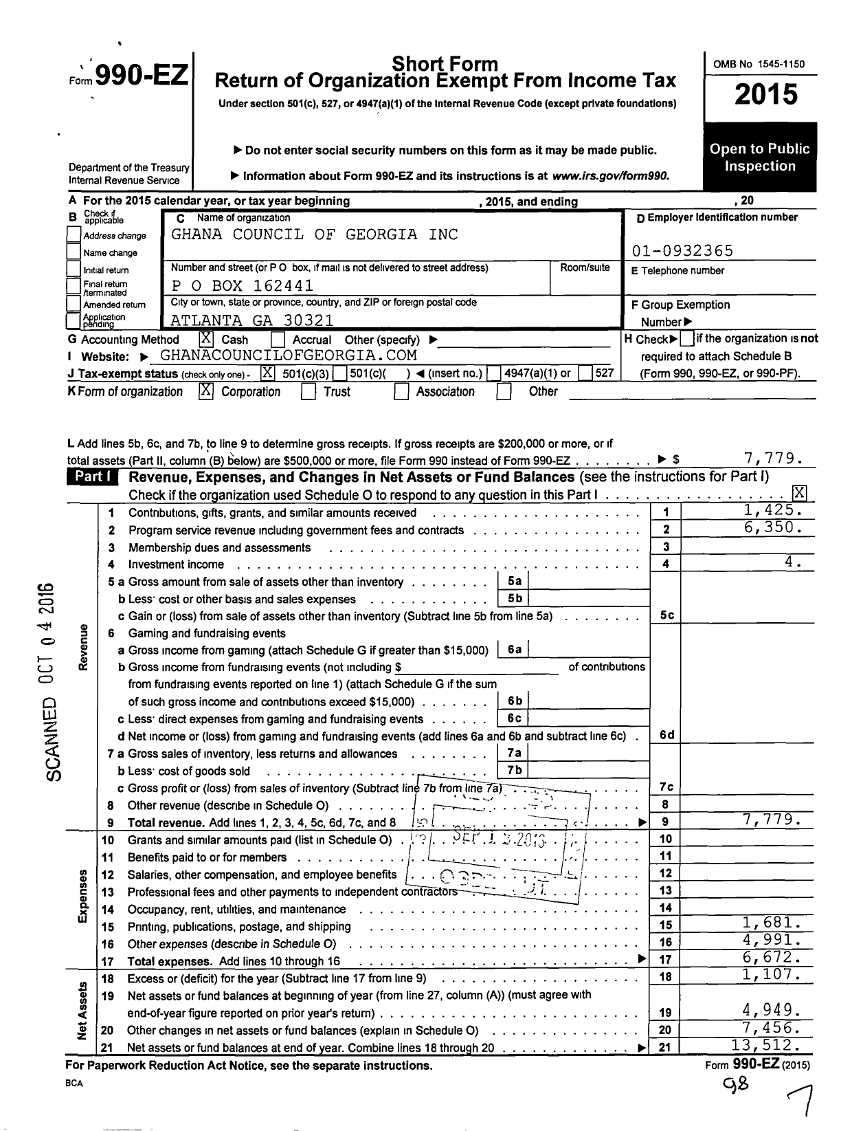 Image of first page of 2015 Form 990EZ for Ghana Council of Georgia