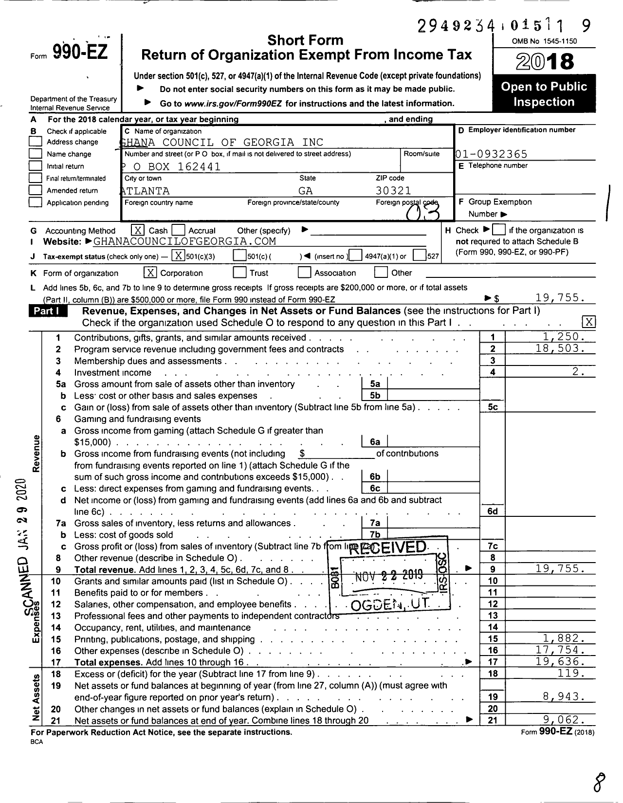 Image of first page of 2018 Form 990EZ for Ghana Council of Georgia