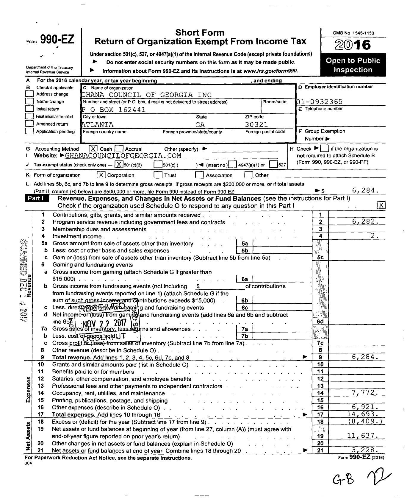 Image of first page of 2016 Form 990EZ for Ghana Council of Georgia