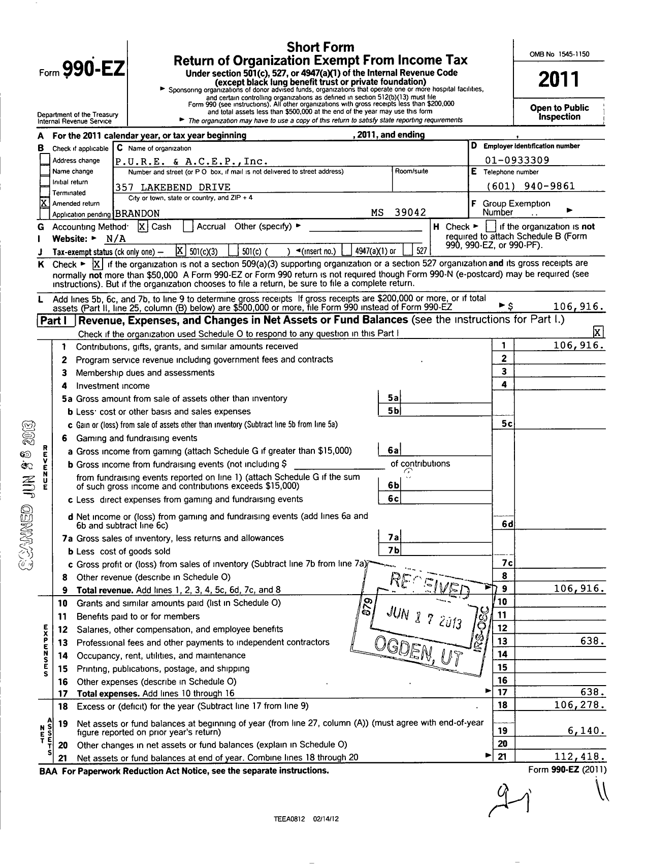 Image of first page of 2011 Form 990EZ for P U R E and A C E P