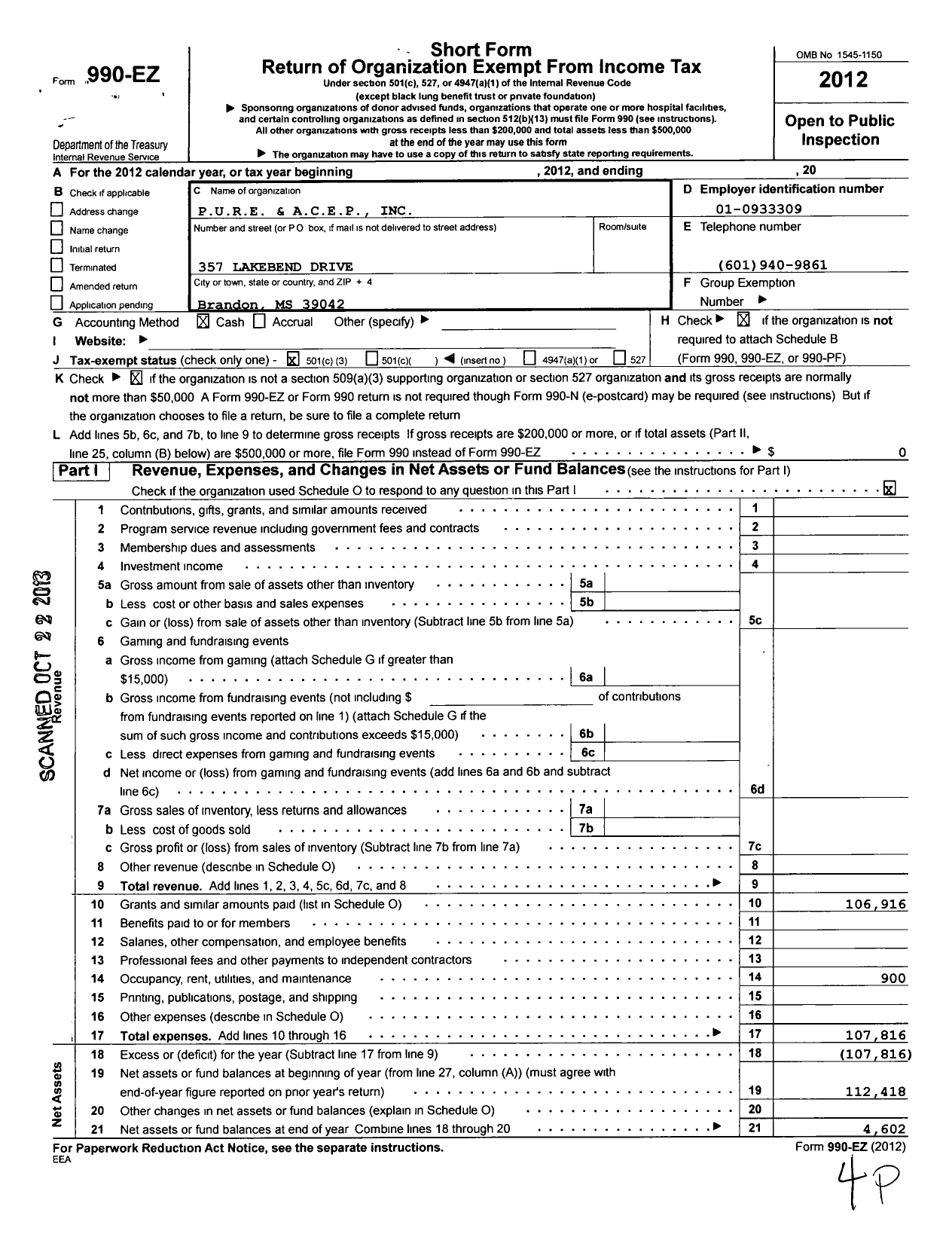 Image of first page of 2012 Form 990EZ for P U R E and A C E P