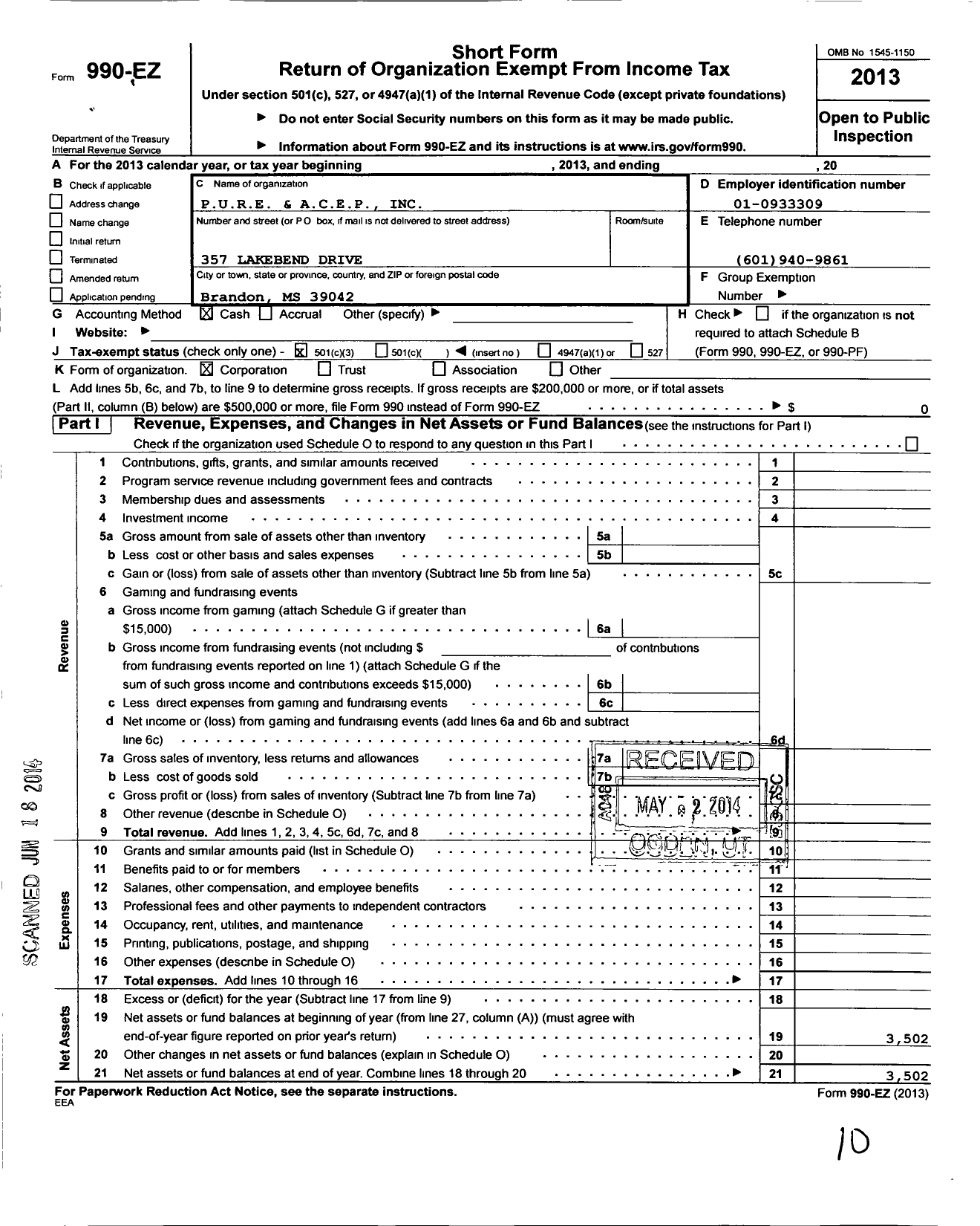 Image of first page of 2013 Form 990EZ for P U R E and A C E P