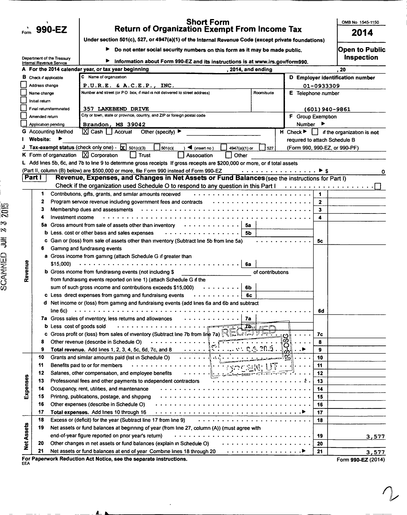 Image of first page of 2014 Form 990EZ for P U R E and A C E P