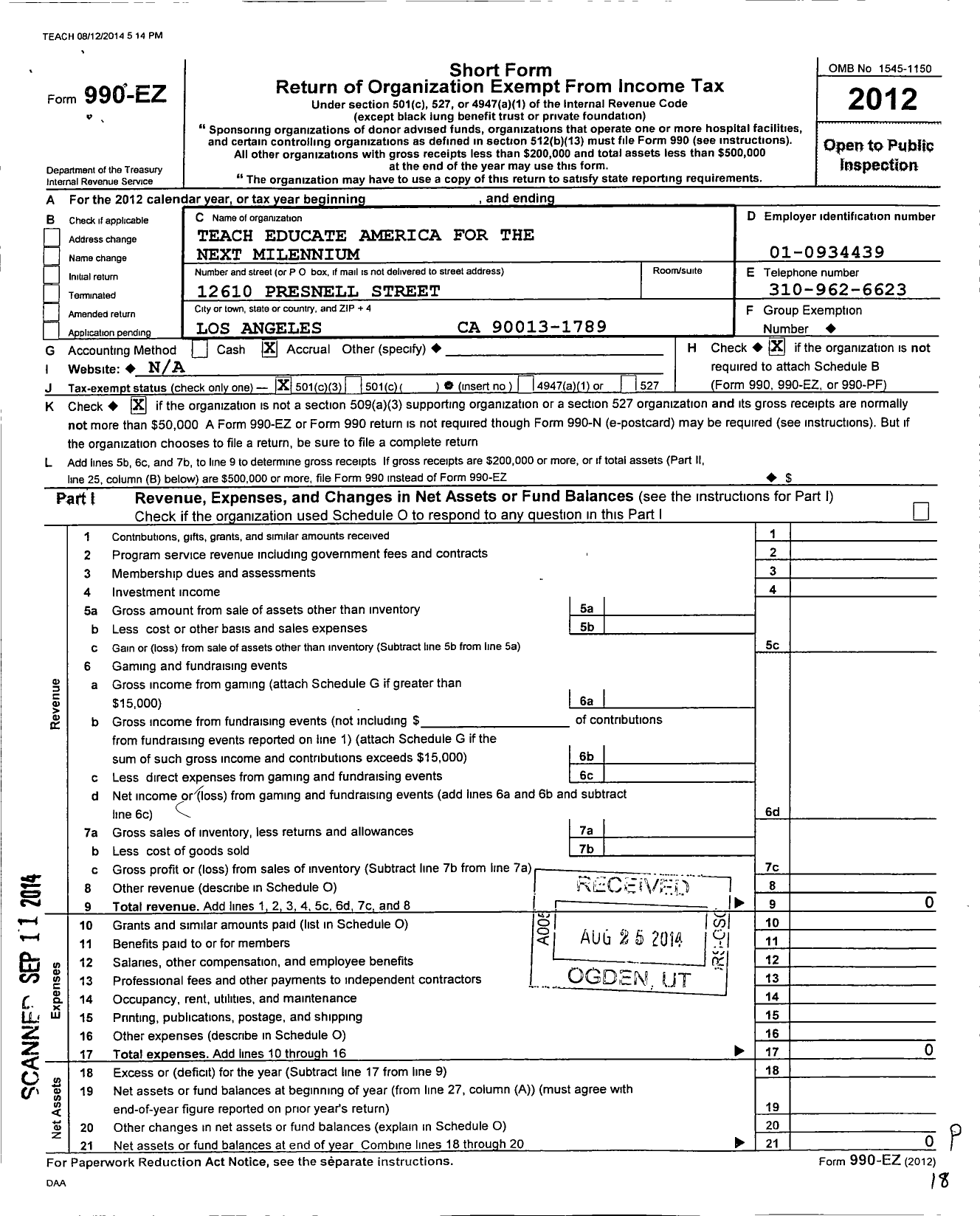 Image of first page of 2012 Form 990EZ for Teach Educate America for the Next Milennium