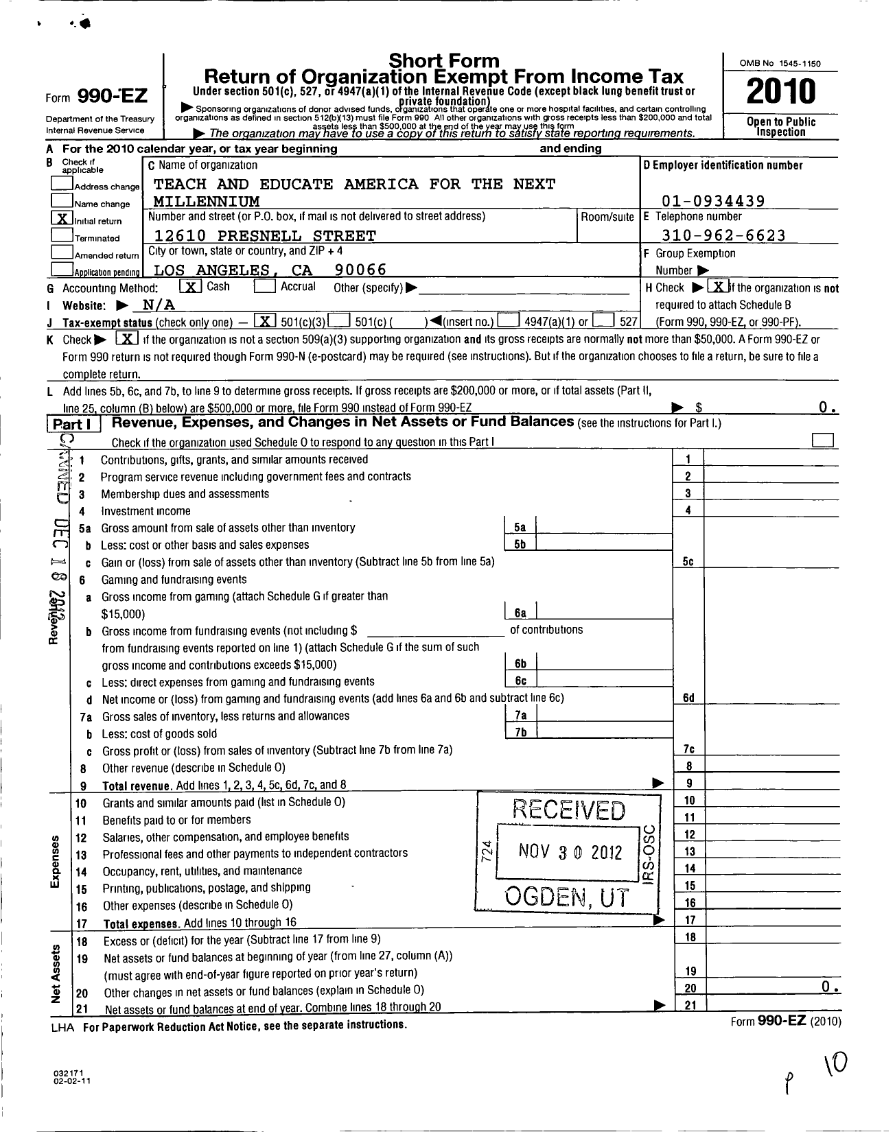 Image of first page of 2010 Form 990EZ for Teach Educate America for the Next Milennium