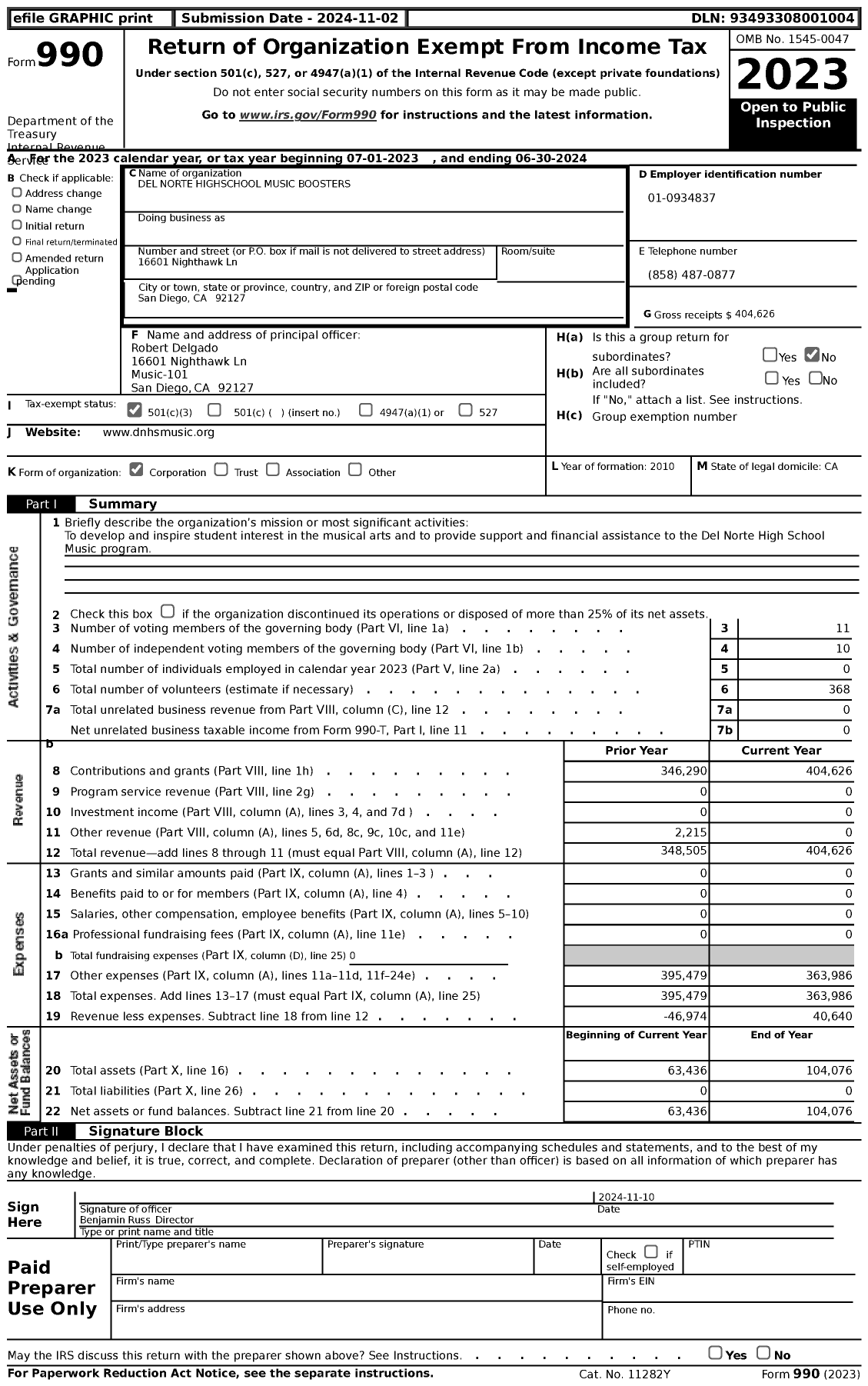 Image of first page of 2023 Form 990 for Del Norte Highschool Music Boosters