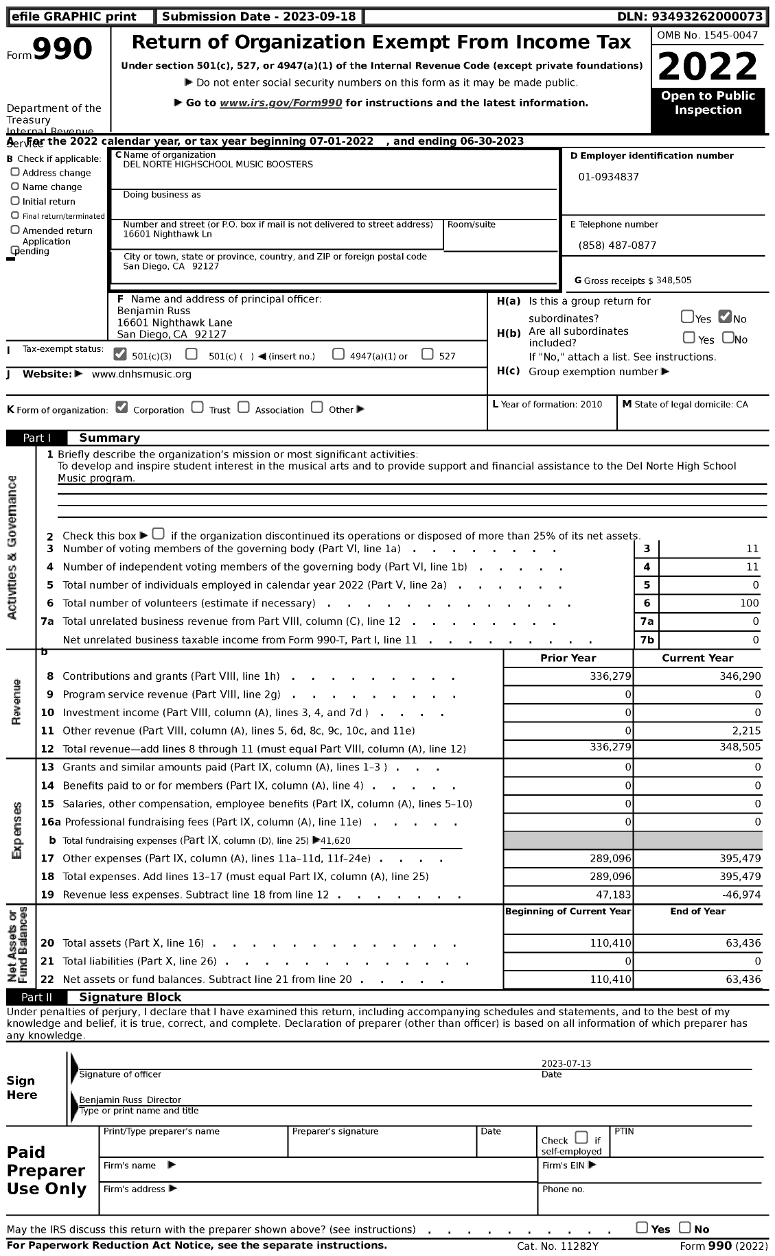 Image of first page of 2022 Form 990 for Del Norte Highschool Music Boosters