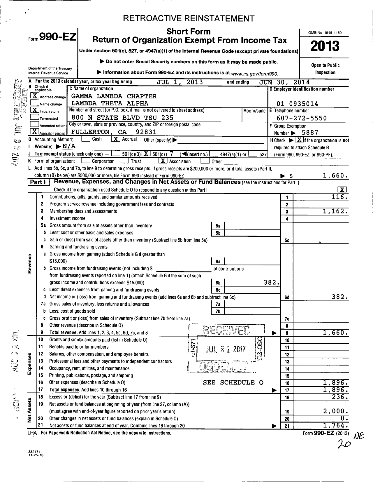 Image of first page of 2013 Form 990EO for Lambda Theta Alpha Gamma Lambda Chapter