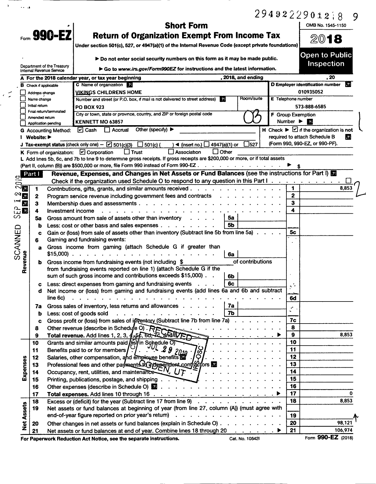 Image of first page of 2018 Form 990EZ for Vikings Childrens Homes