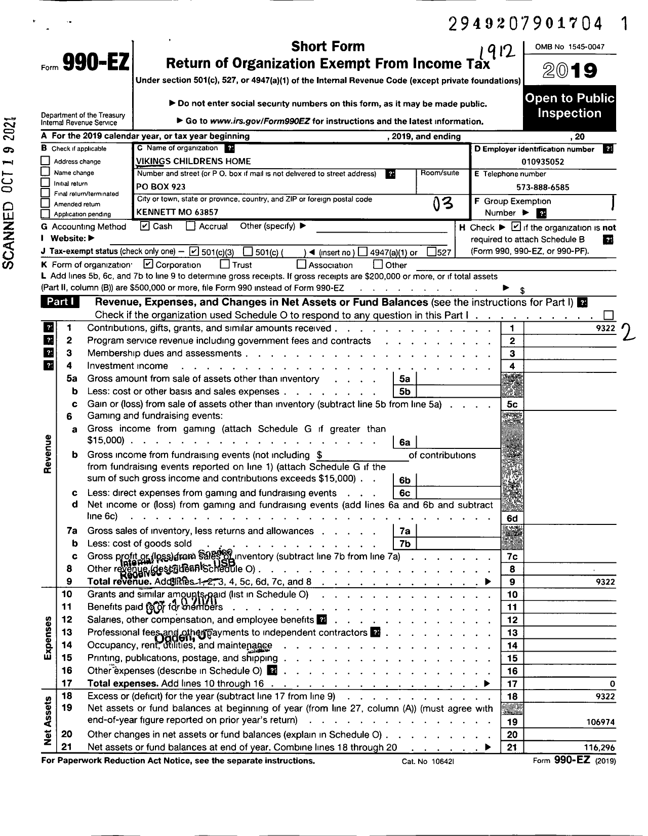 Image of first page of 2019 Form 990EZ for Vikings Childrens Homes