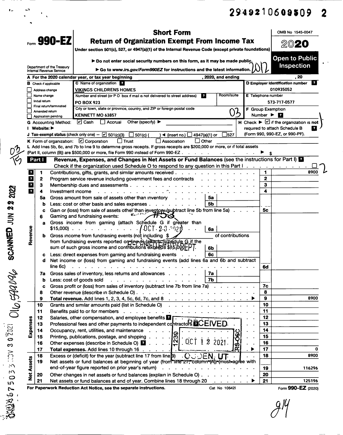 Image of first page of 2020 Form 990EZ for Vikings Childrens Homes