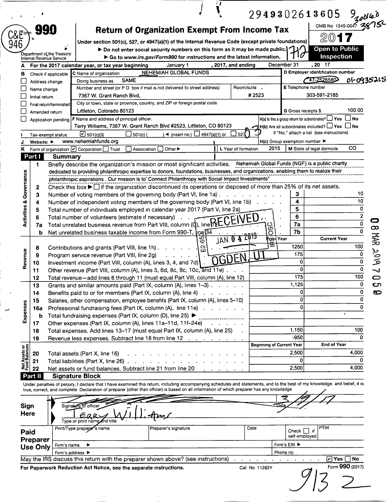 Image of first page of 2017 Form 990 for Nehemiah Globalfoundation