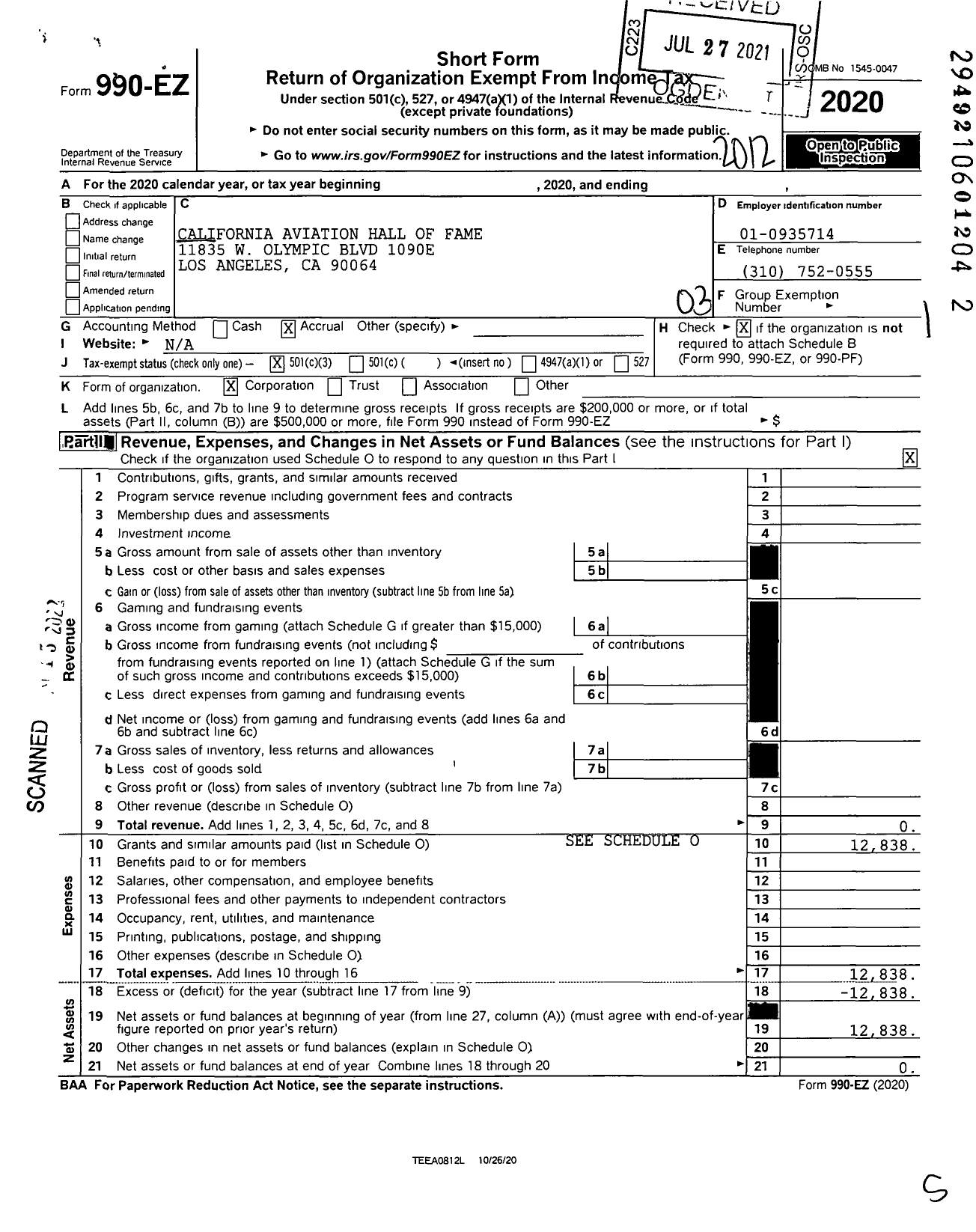 Image of first page of 2020 Form 990EZ for California Aviation Hall of Fame