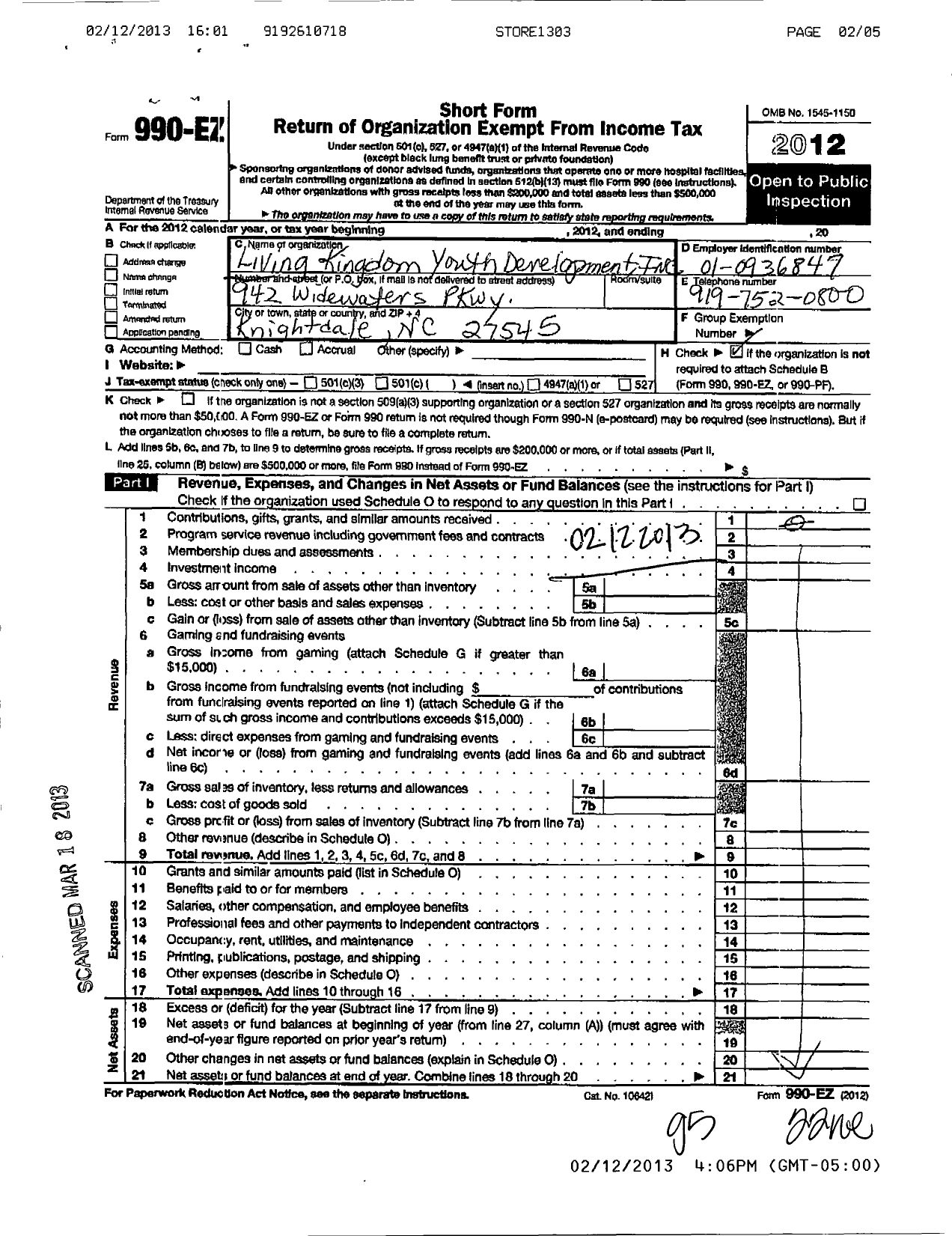 Image of first page of 2012 Form 990EO for Living Kingdom Youth Development