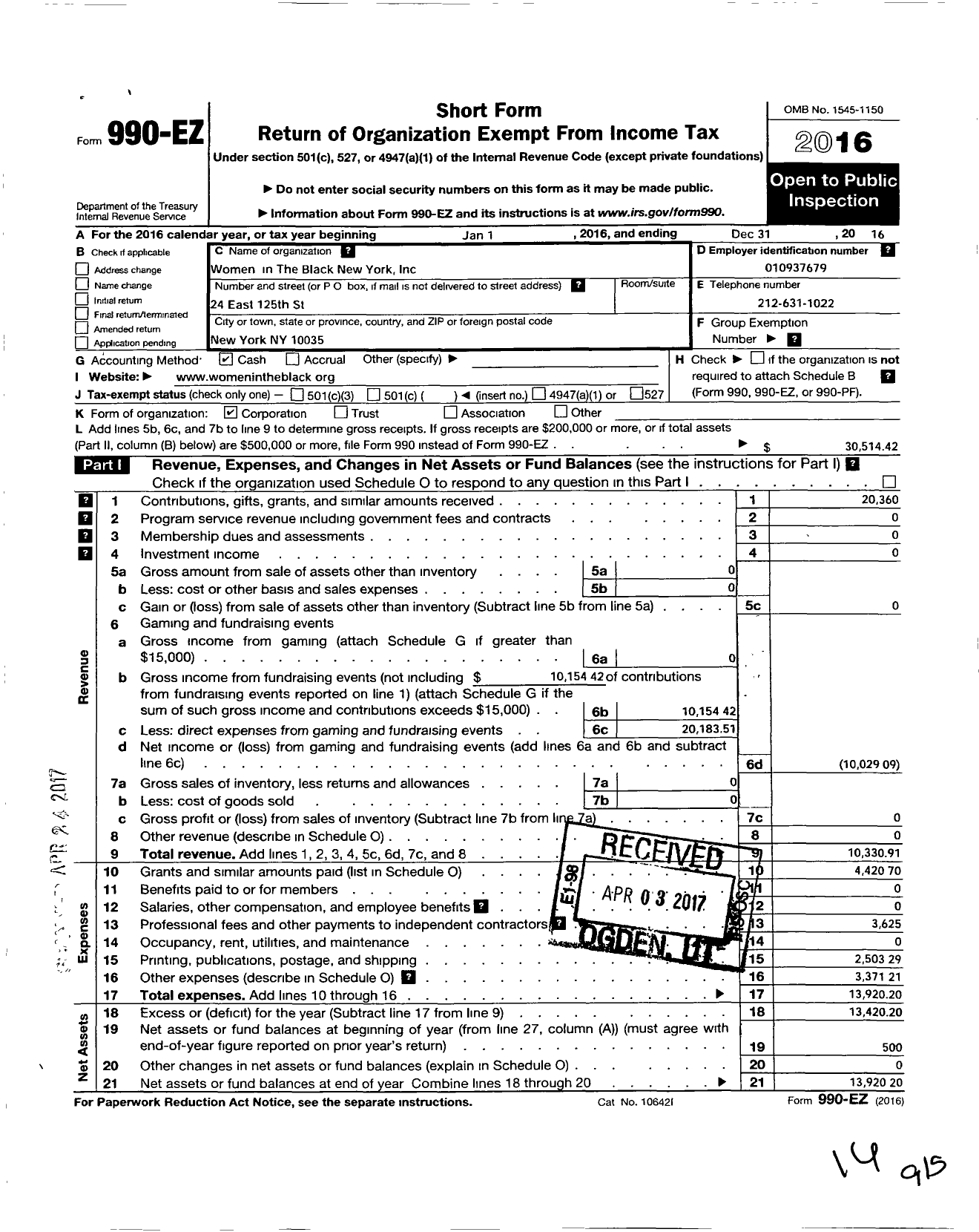 Image of first page of 2016 Form 990EO for Women in the Black New York