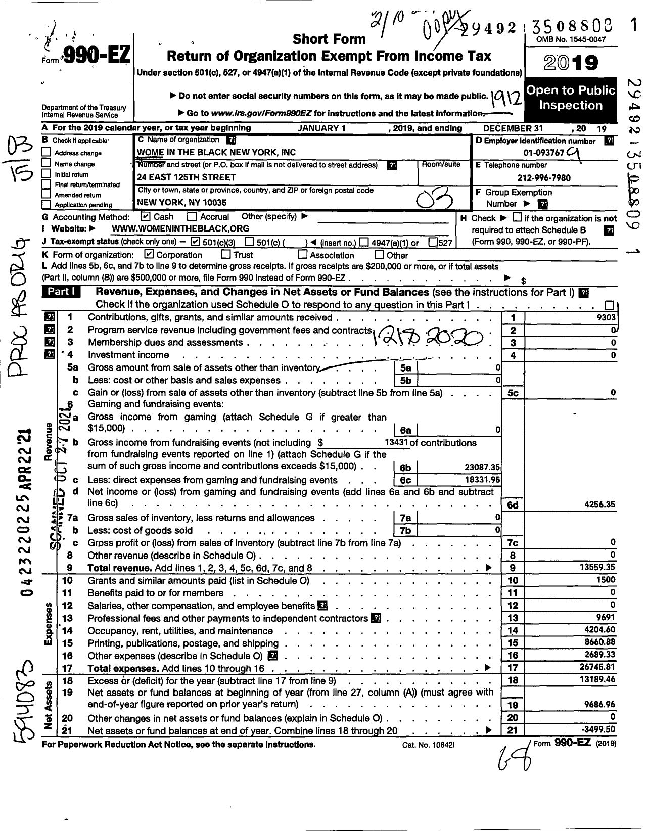 Image of first page of 2019 Form 990EZ for Women in the Black New York