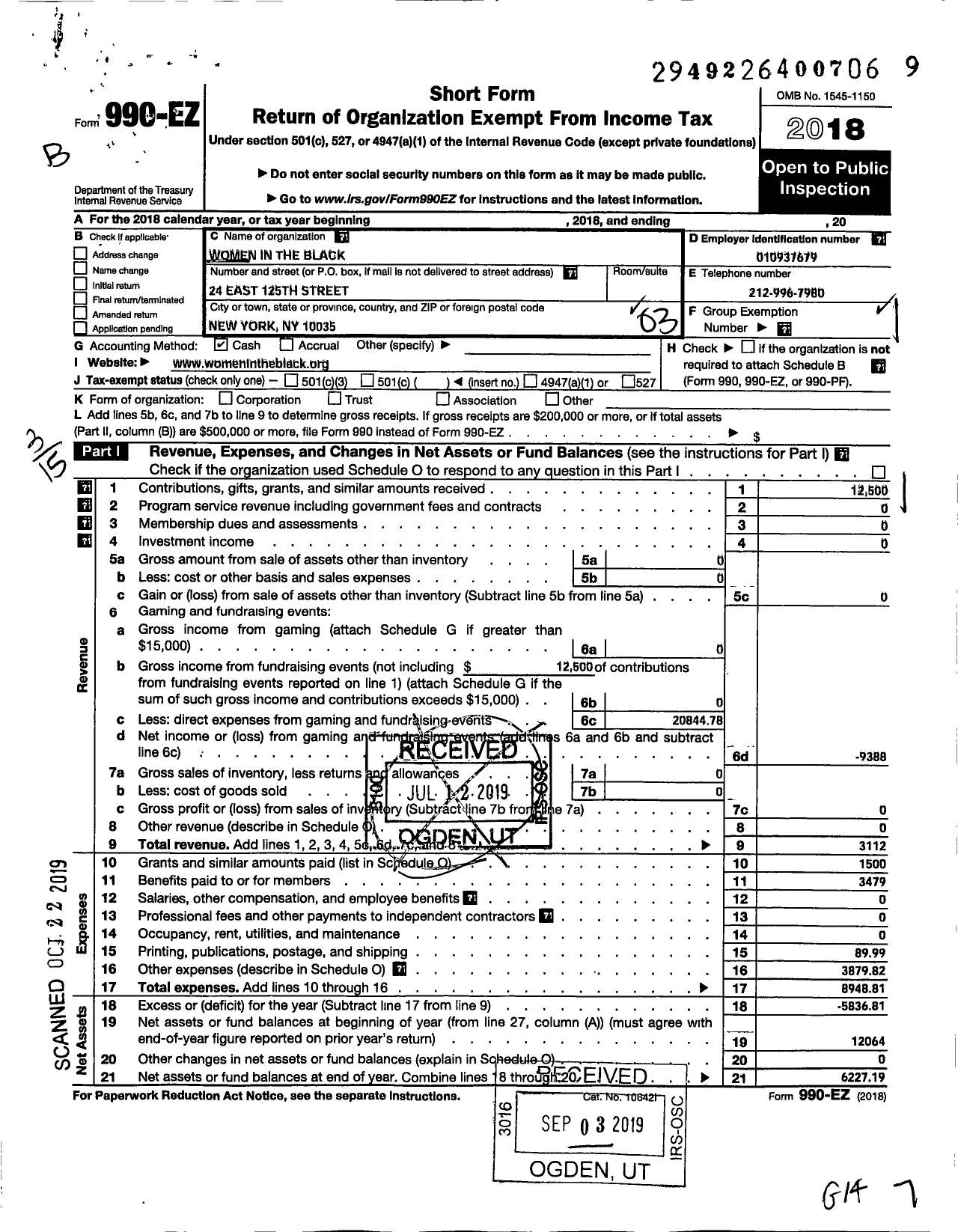 Image of first page of 2018 Form 990EZ for Women in the Black New York