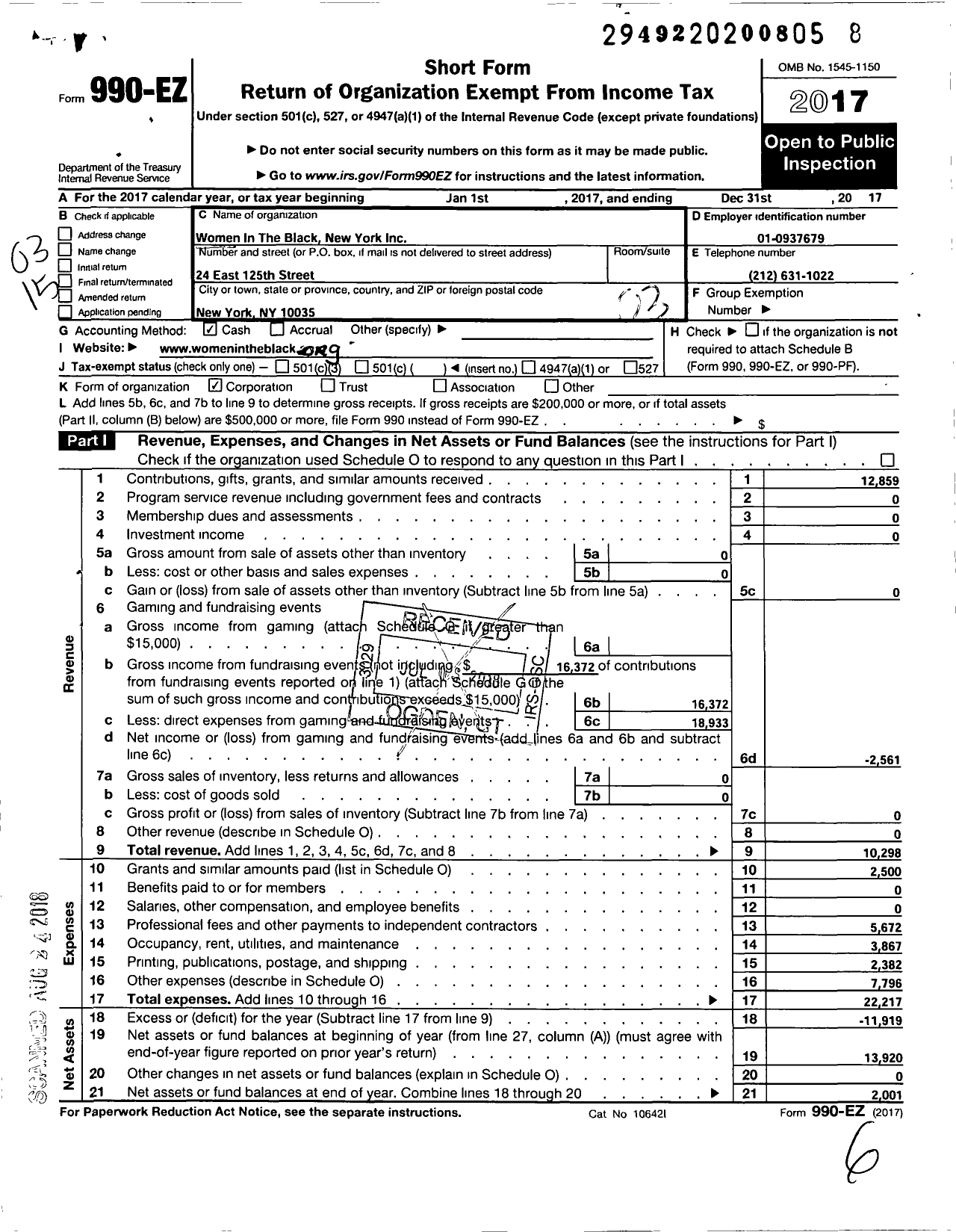 Image of first page of 2017 Form 990EZ for Women in the Black New York