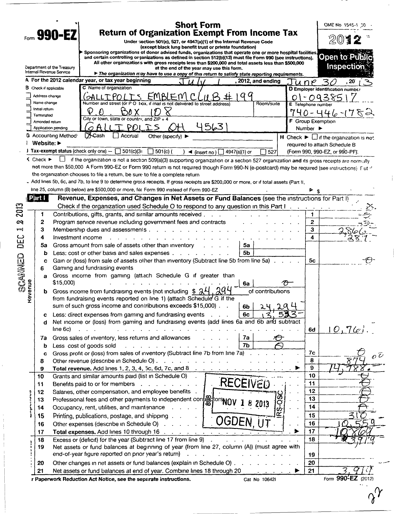 Image of first page of 2012 Form 990EO for Supreme Emblem Club of the United S Tates of America