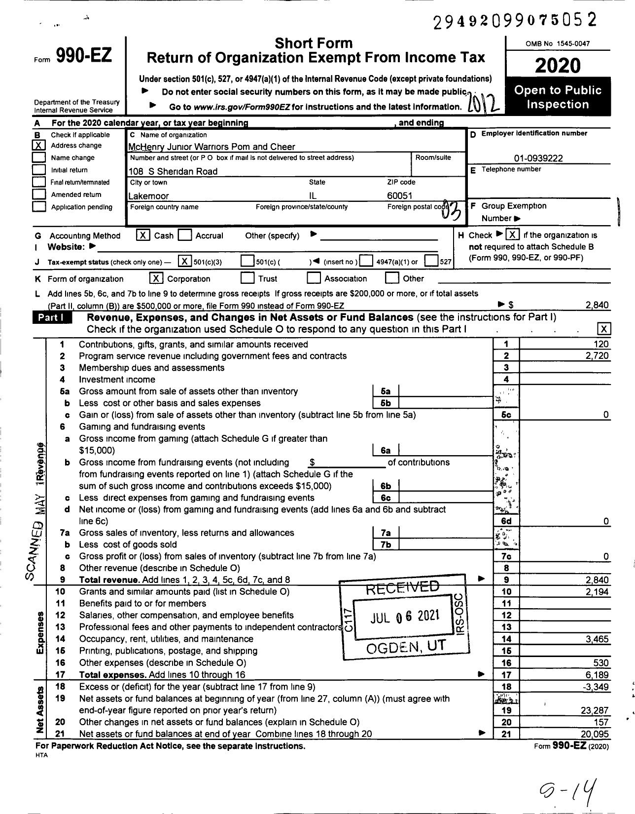 Image of first page of 2020 Form 990EZ for McHenry Junior Warriors Pom and Cheer