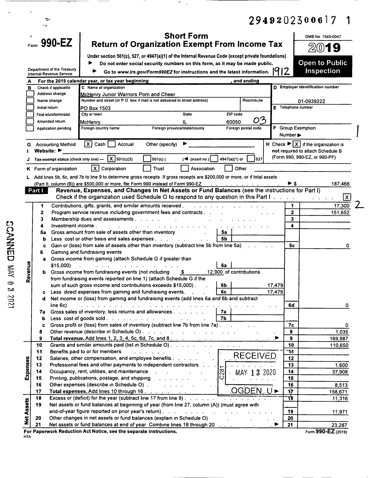 Image of first page of 2019 Form 990EZ for McHenry Junior Warriors Pom and Cheer