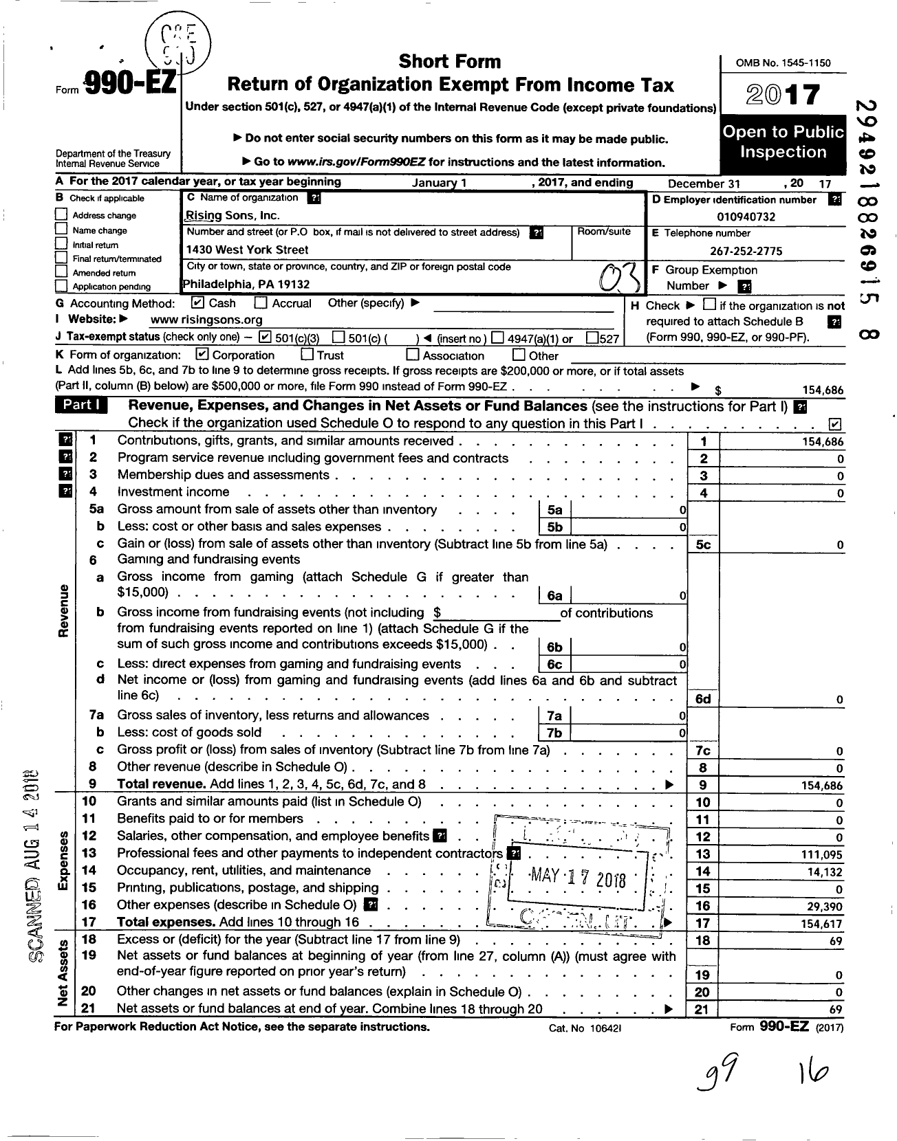 Image of first page of 2017 Form 990EZ for Rising Sons