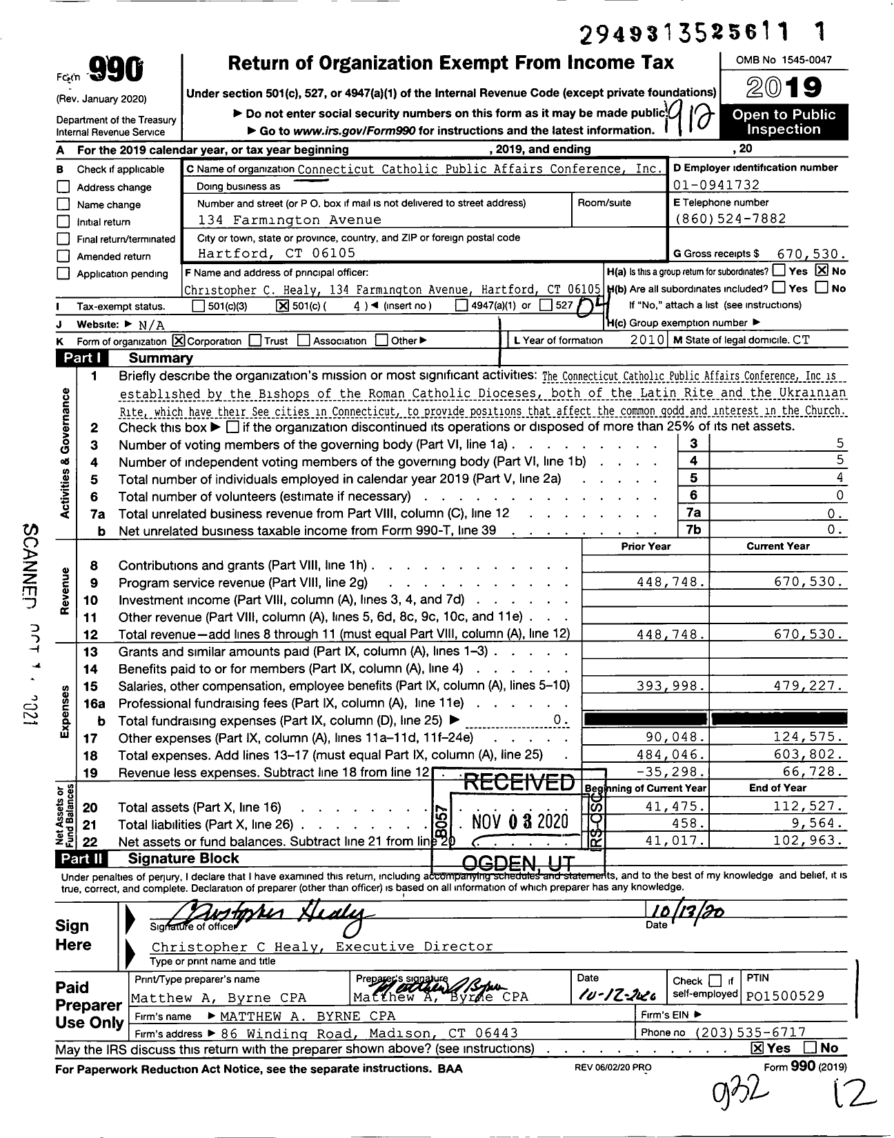 Image of first page of 2019 Form 990O for Connecticut Catholic Public Affairs Conference