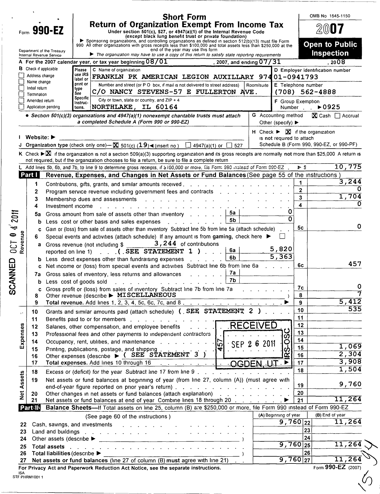 Image of first page of 2007 Form 990EO for Franklin Park American Legion Auxillary 974