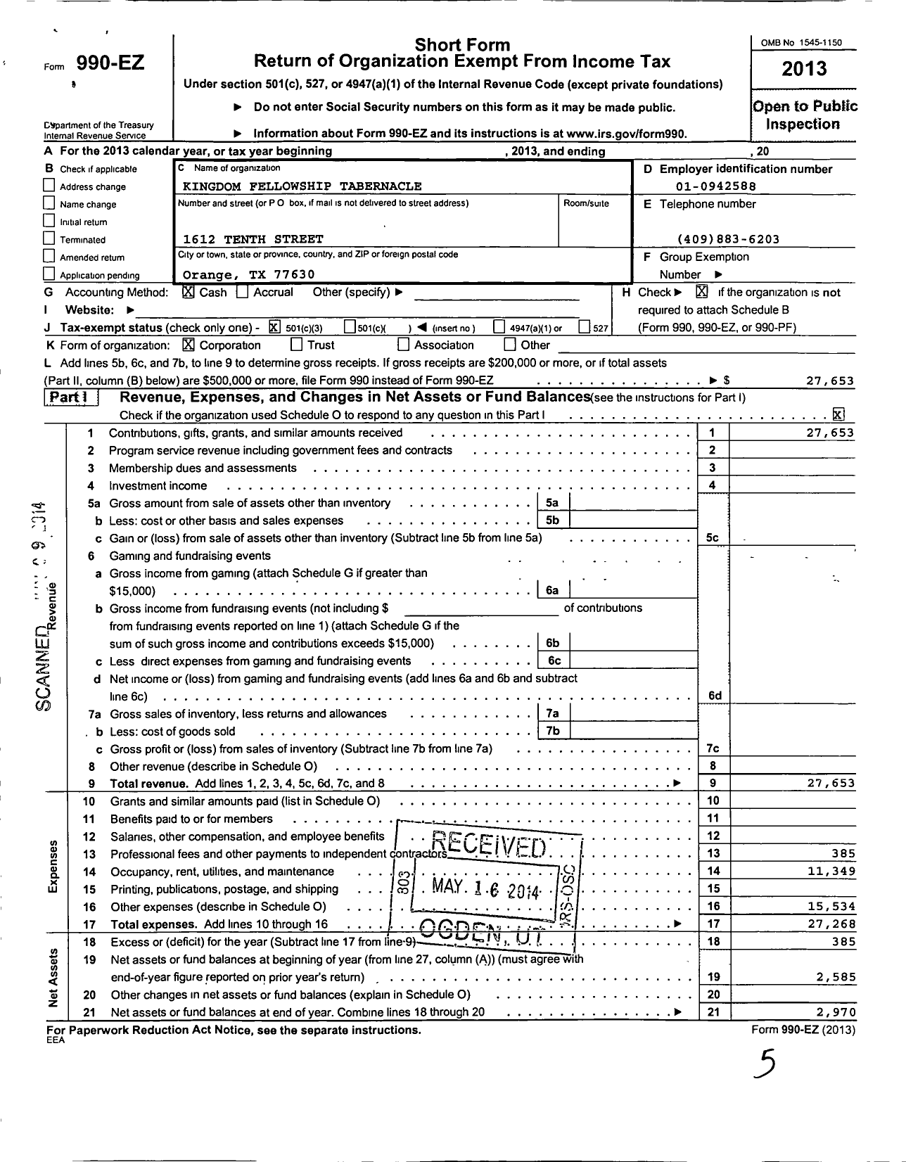 Image of first page of 2013 Form 990EZ for Kingdom Fellowship Tabernacle (KFT)