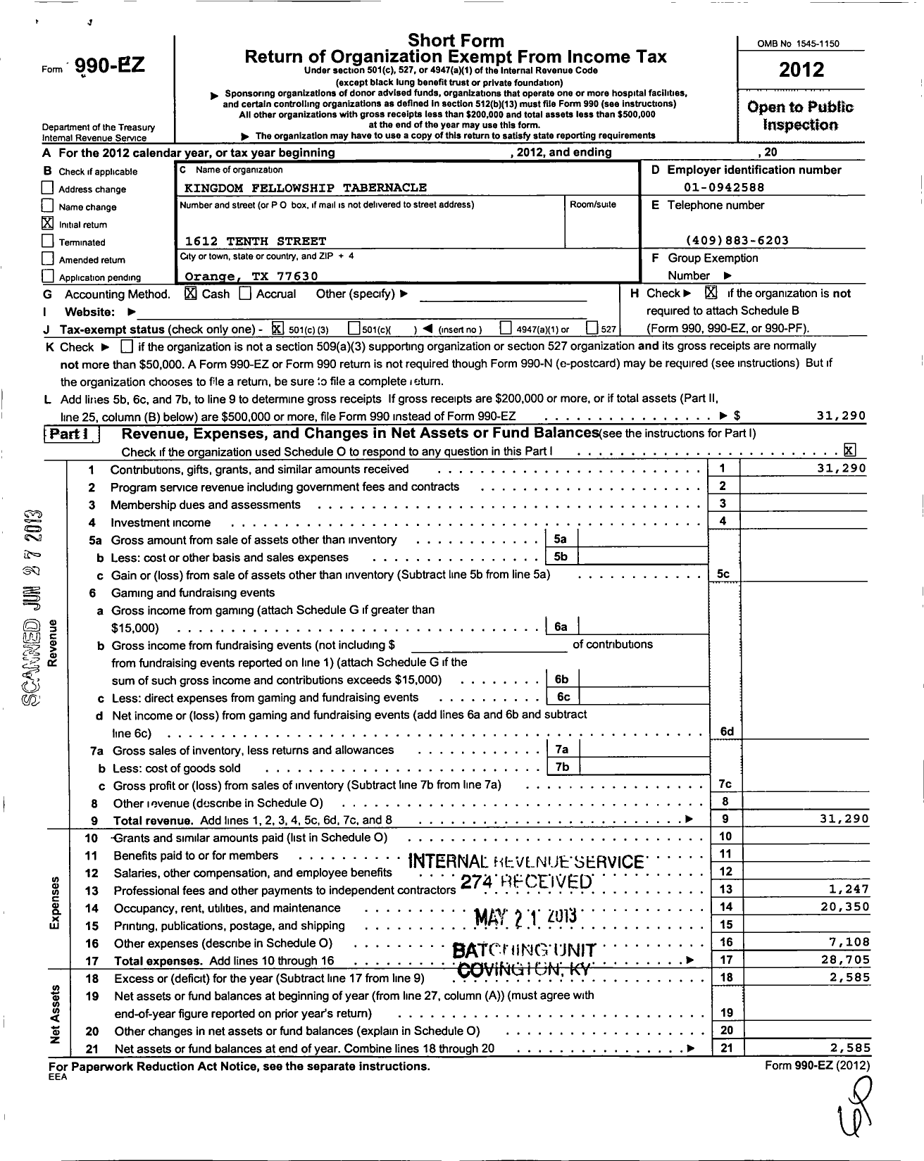 Image of first page of 2012 Form 990EZ for Kingdom Fellowship Tabernacle (KFT)