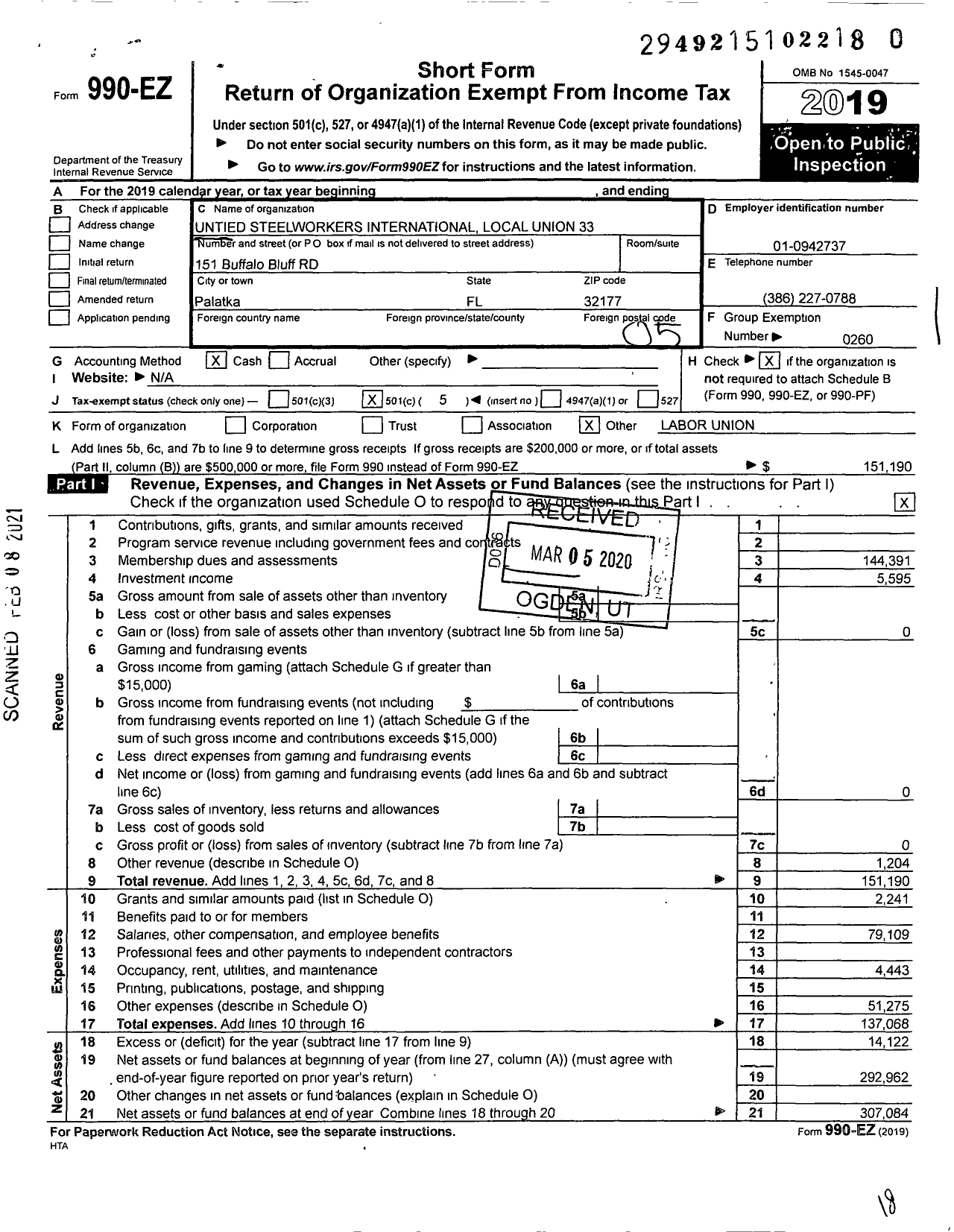 Image of first page of 2019 Form 990EO for United Steelworkers - 9-00033 Local