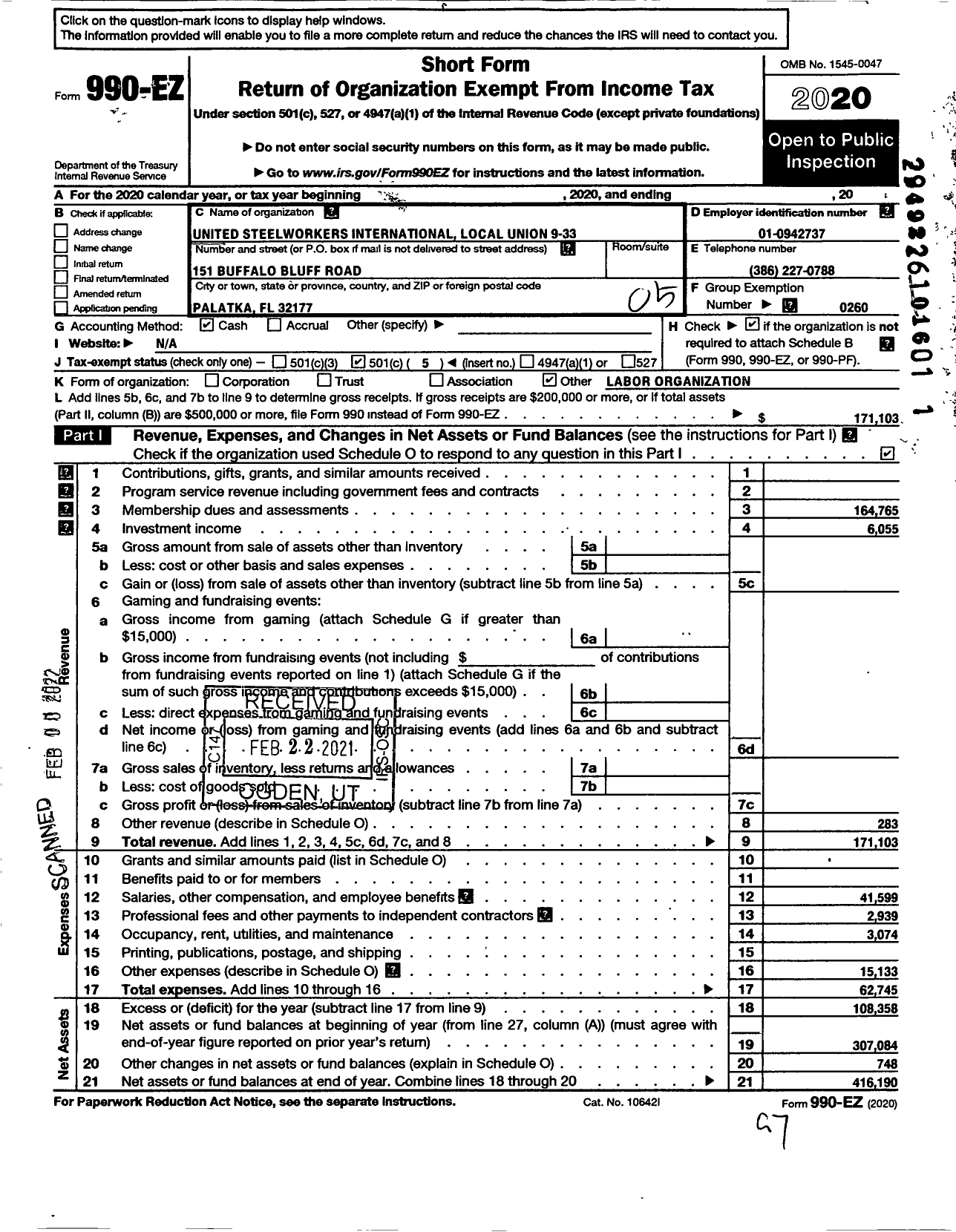 Image of first page of 2020 Form 990EO for United Steelworkers - 9-00033 Local