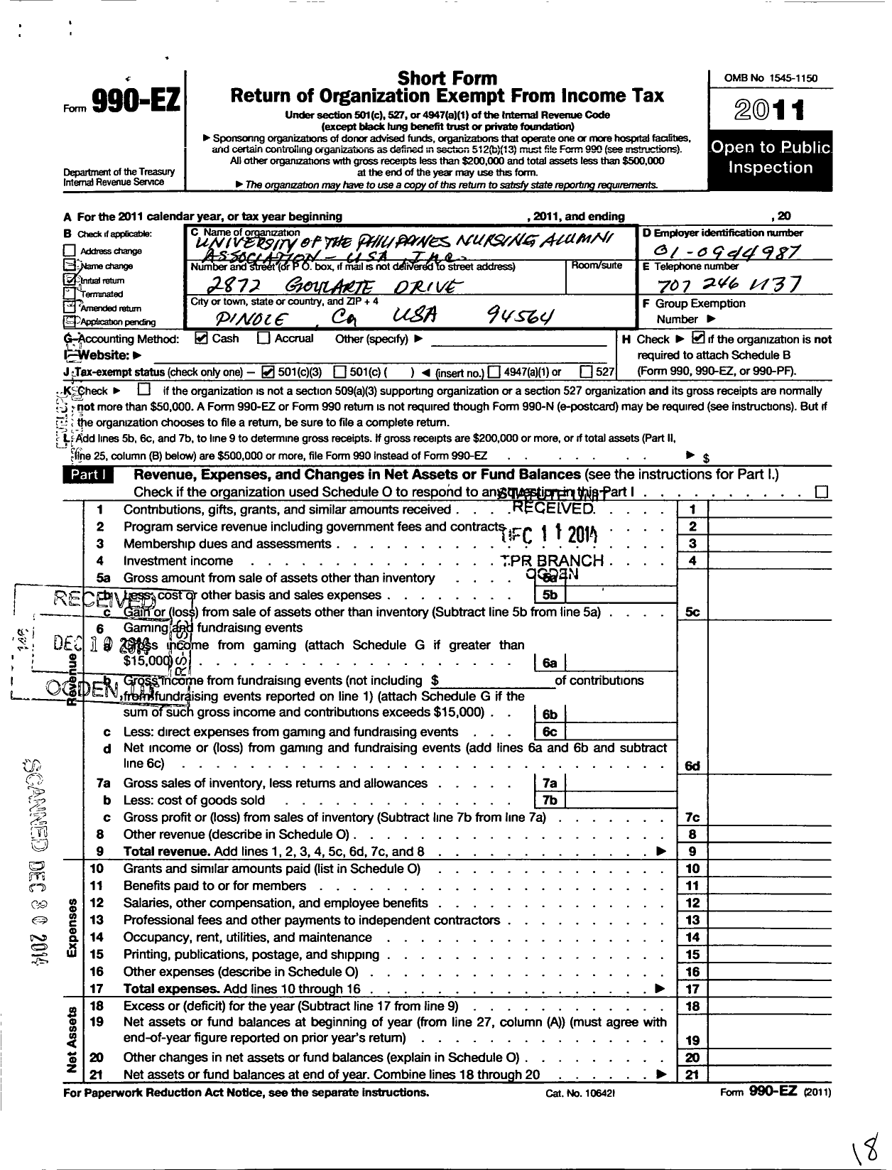 Image of first page of 2011 Form 990EZ for University of the Philippines Nursing Alumni Association USA