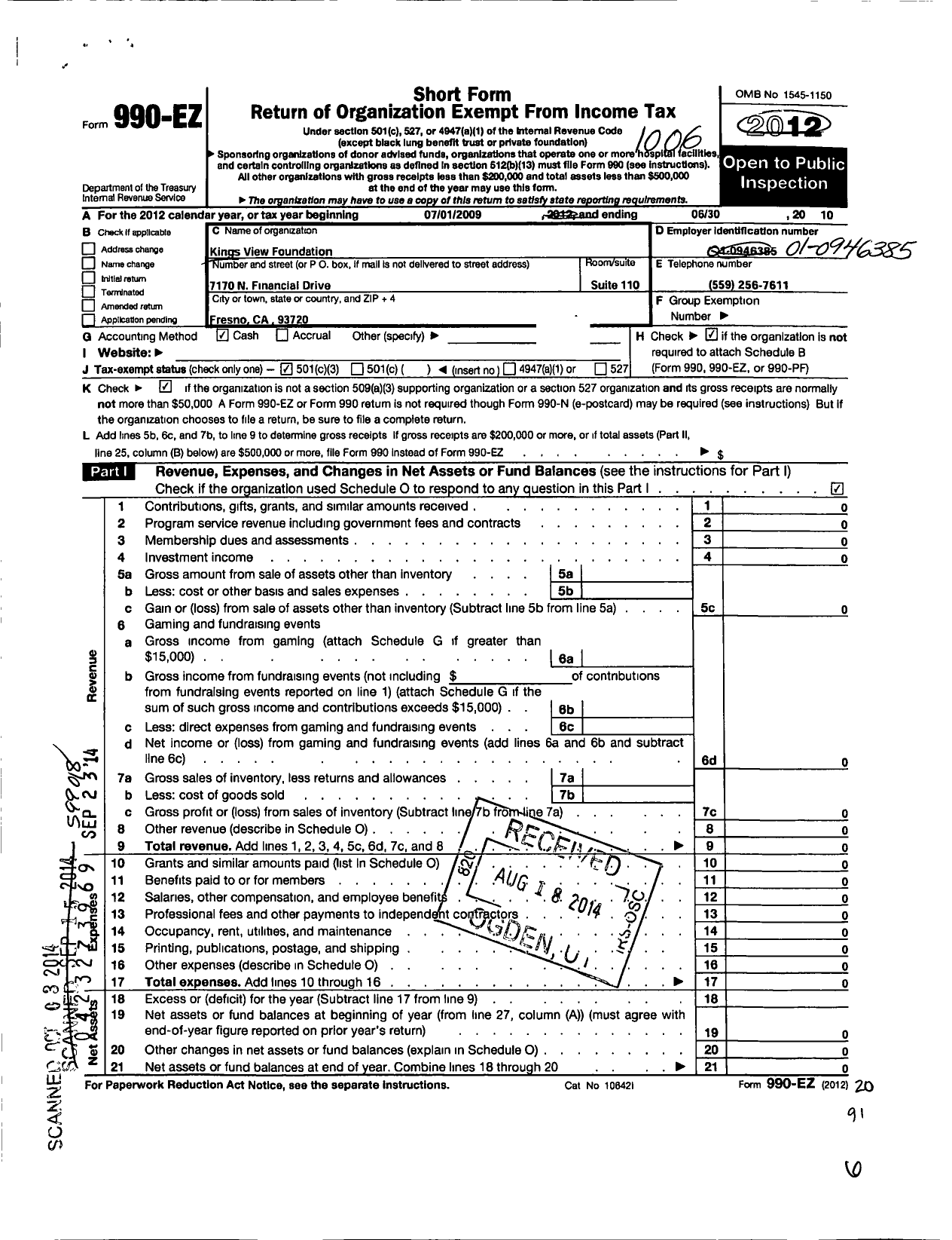 Image of first page of 2009 Form 990EZ for Kings View Foundation