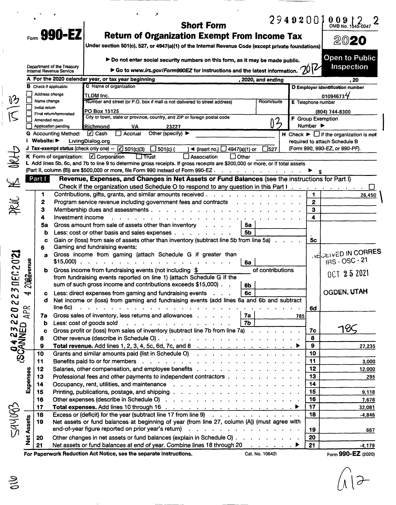 Image of first page of 2020 Form 990EZ for TLDM