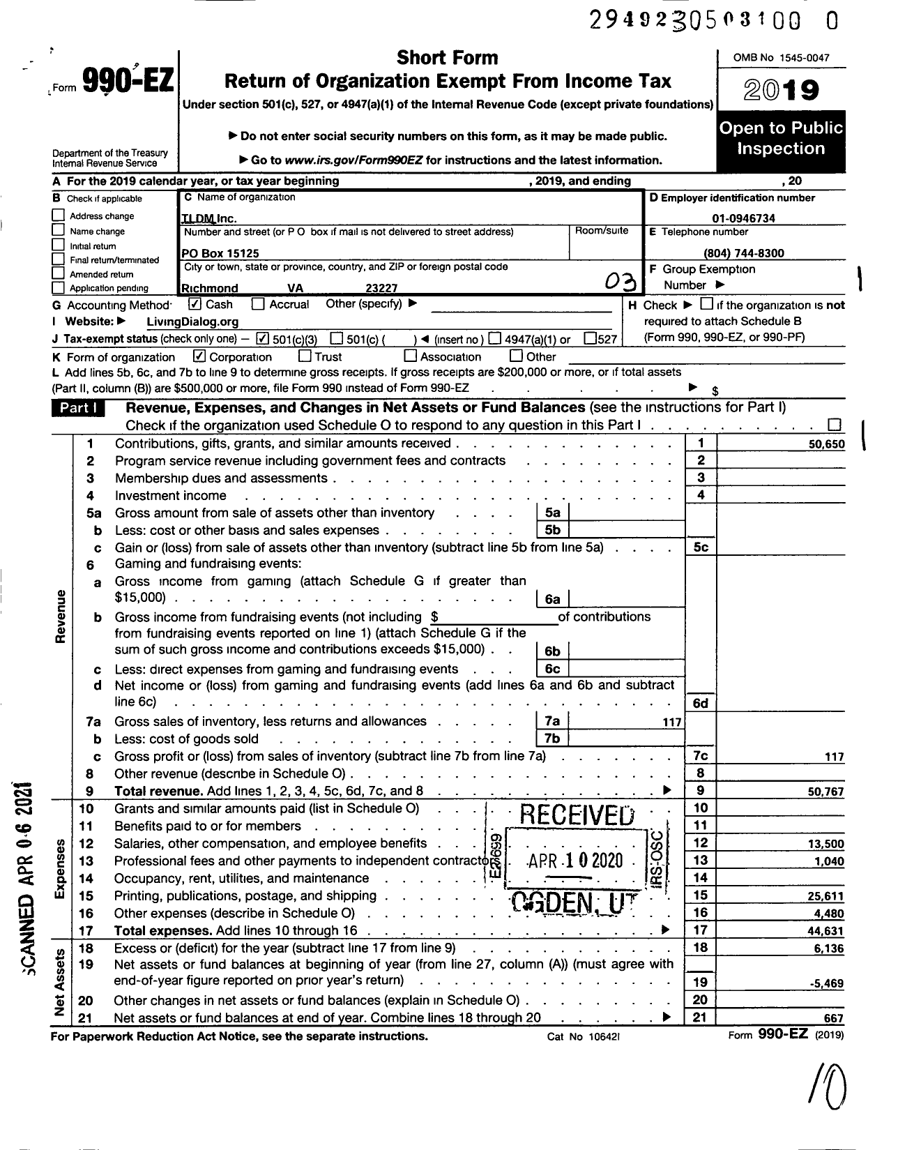 Image of first page of 2019 Form 990EZ for TLDM