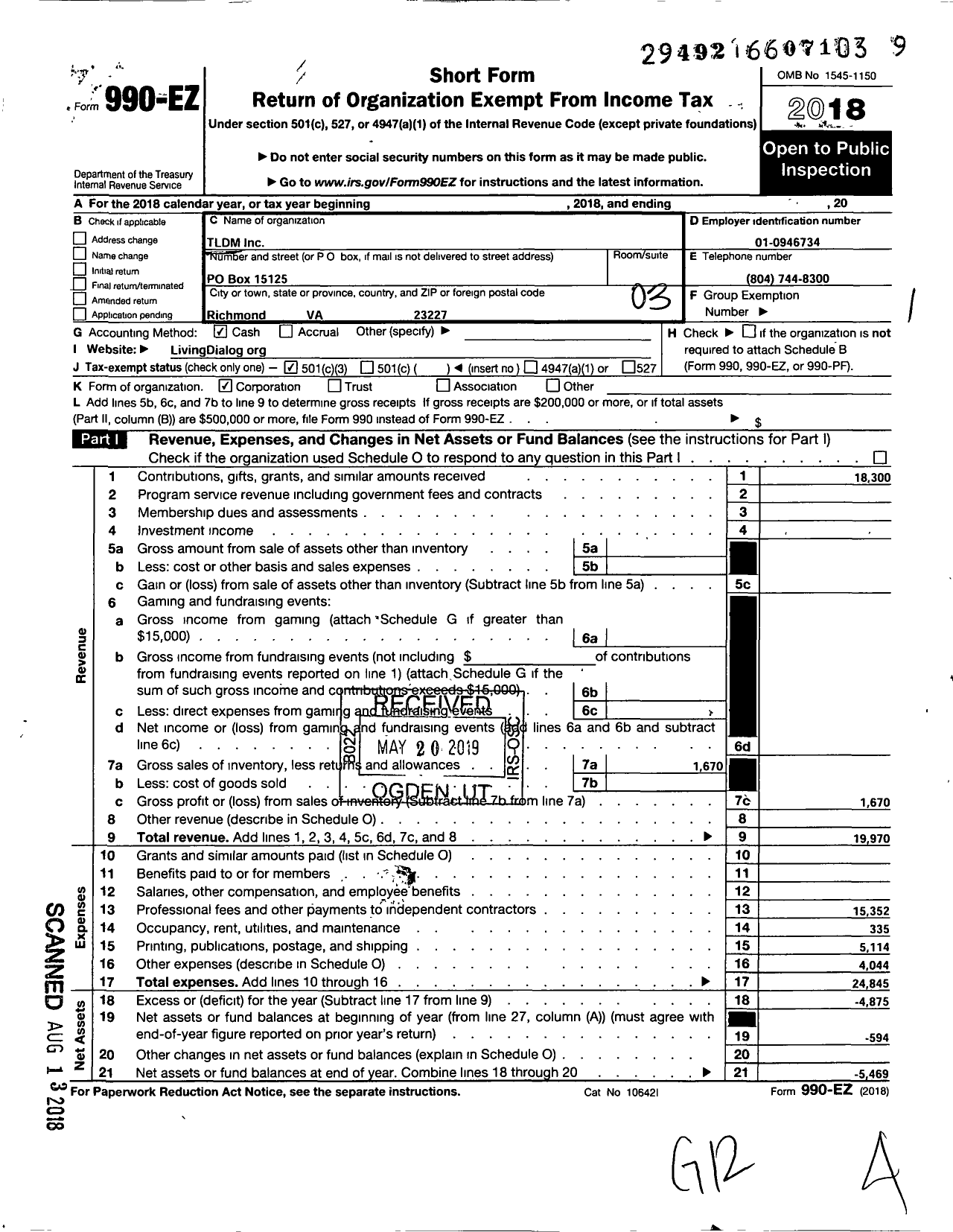 Image of first page of 2018 Form 990EZ for TLDM