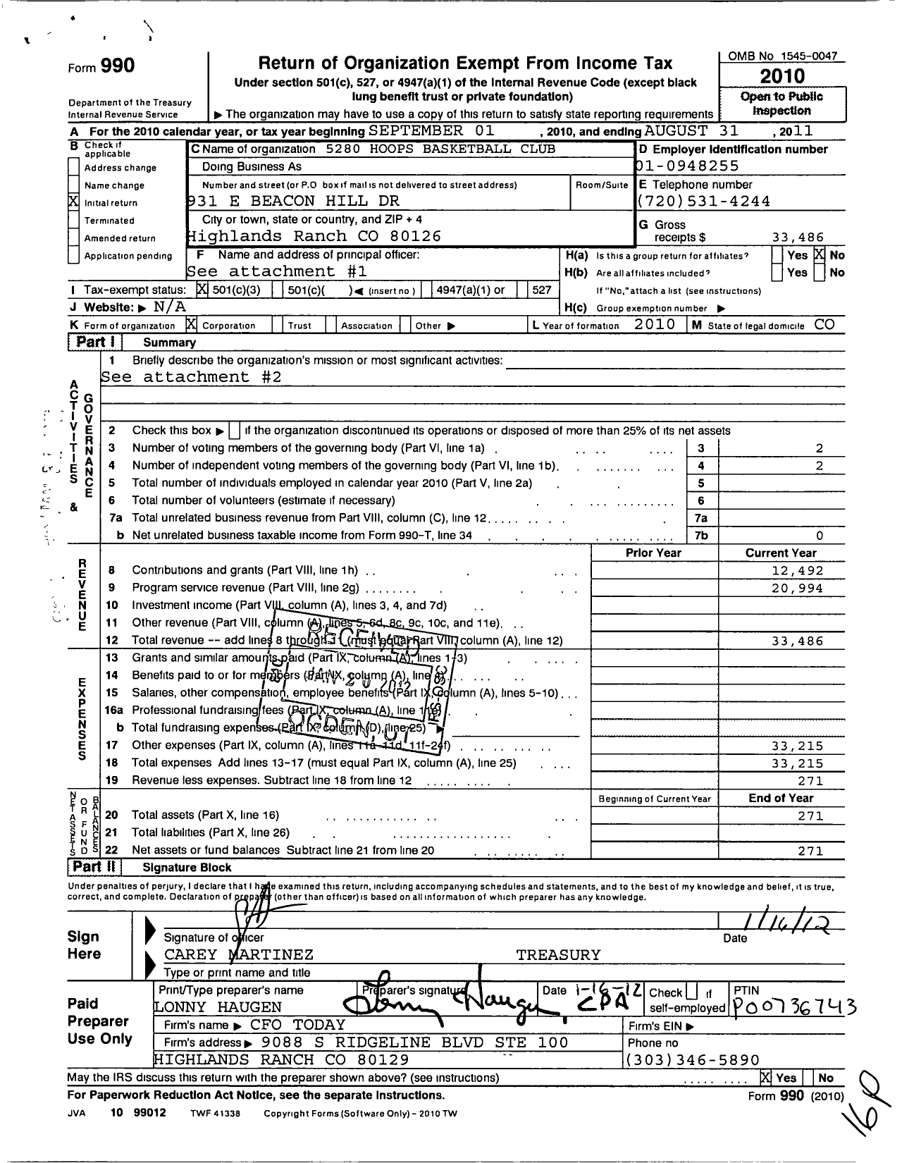 Image of first page of 2010 Form 990 for Amateur Athletic Union - 5280 Hoops Basketball Club