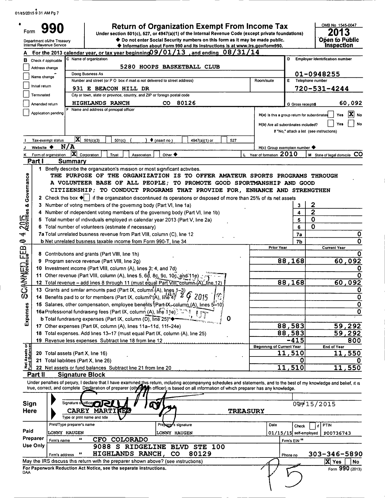 Image of first page of 2013 Form 990 for Amateur Athletic Union - 5280 Hoops Basketball Club